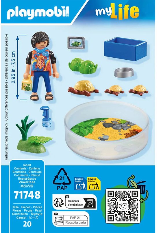 Inhoud van Playmobil My Life set 71748: figuur, 3 schildpadden, terrarium, planten en accessoires, 20-delig.