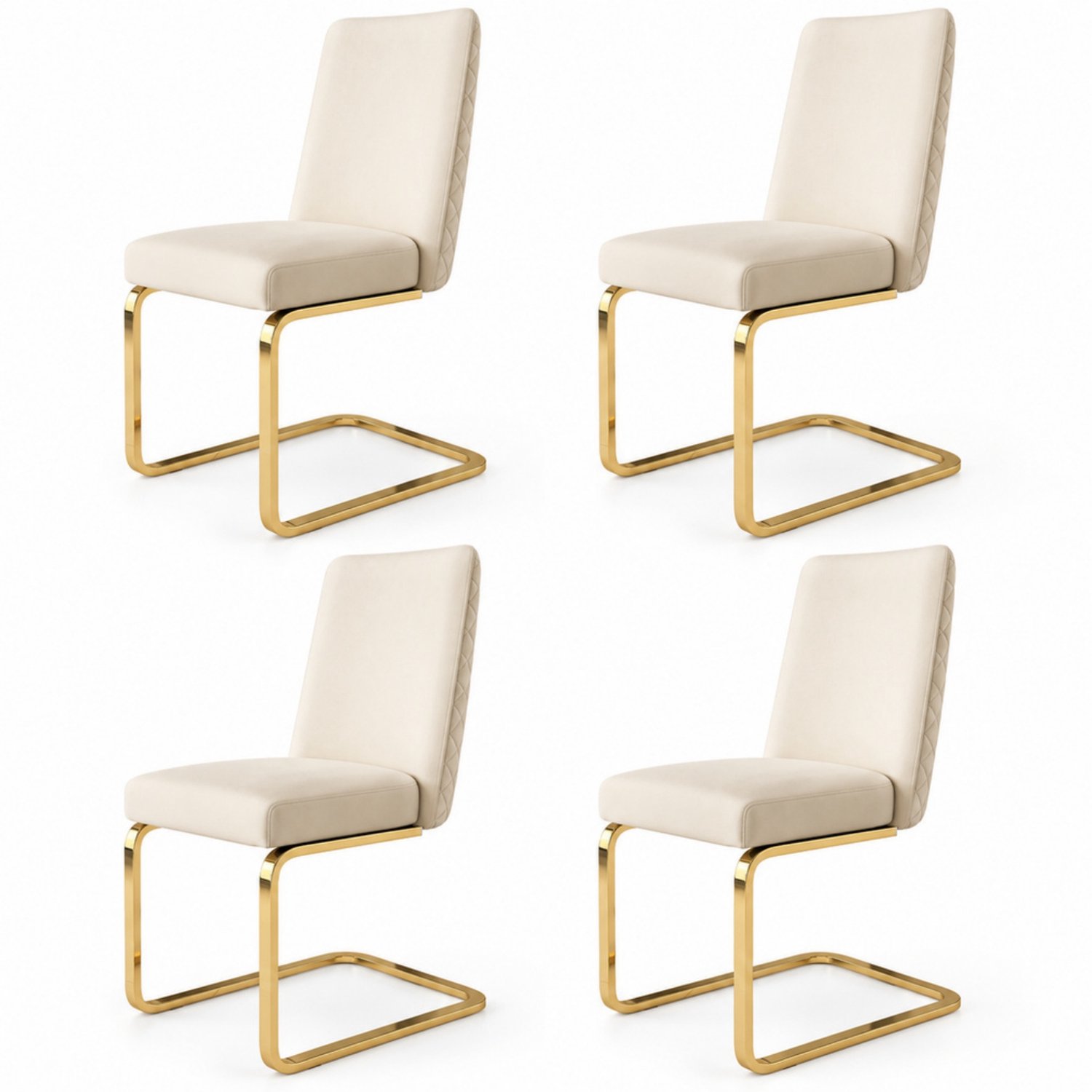 LONG DRAGON - Velvet eetkamerstoelen - Set van 4 - Ruitpatroon op rugleuning - Goudkleurige metalen poten - Voor woonkamer en slaapkamer - Beige / Goud