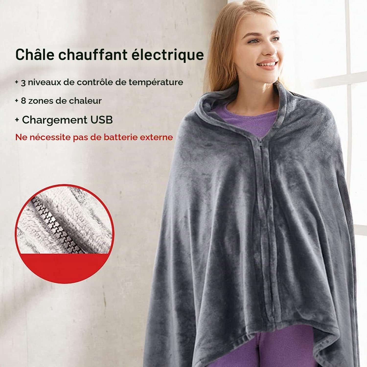 Elektrische Deken - 150x85cm - - 3 Standen - Oplaadbare elektrische deken - 1 Persoons Bovendeken - Warmtedeken - Verwarmde deken - Draagbare verwarmde omslagdoek - USB-oplaadbaar - Verwarmde deken - Warmte Poncho - Voor Thuis & Kantoor - Grijs – foto 3