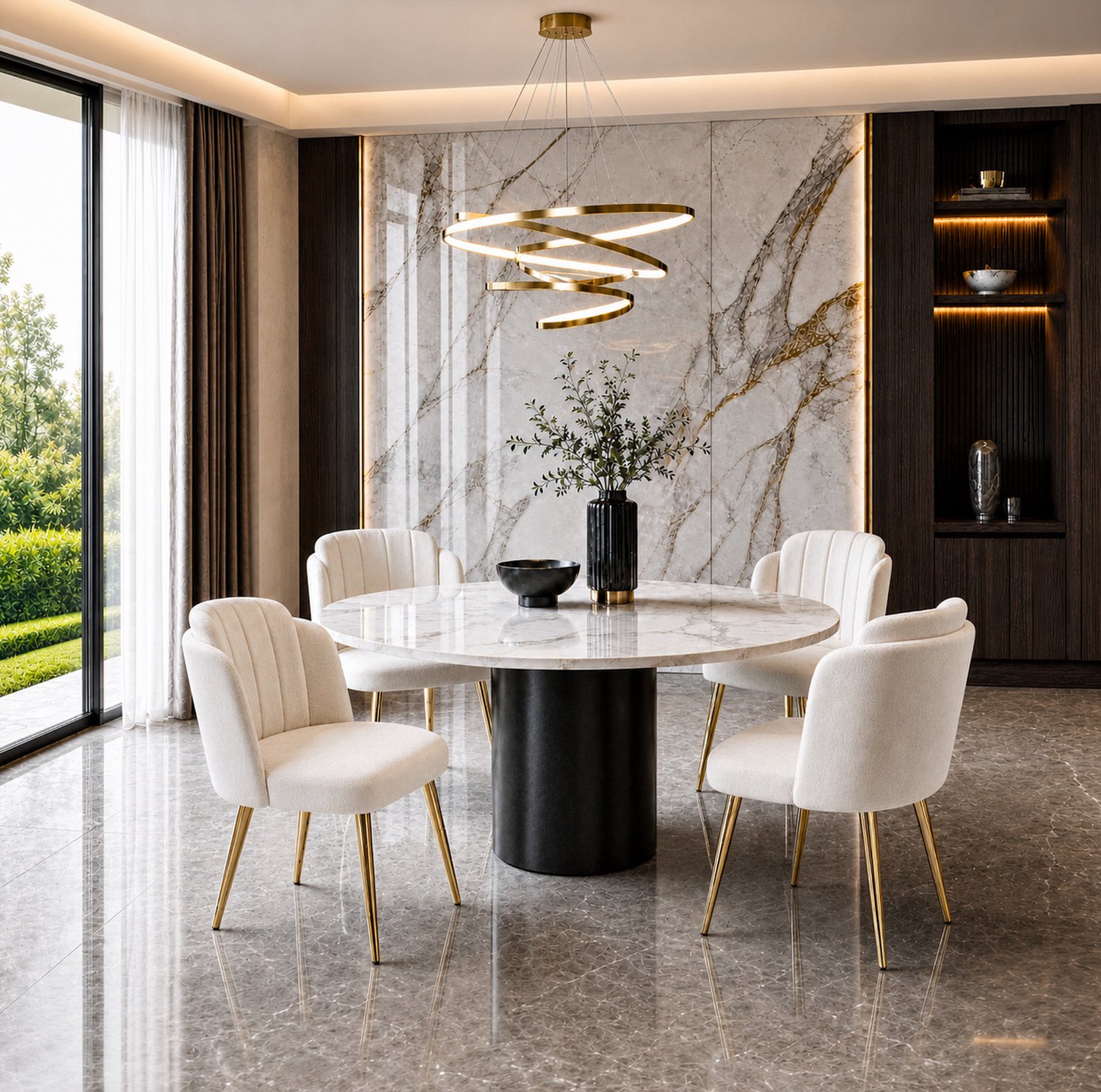 HAUSS SPOLE Eetkamerstoelen - Set van 4 - Gestoffeerd met Gebogen Rugleuning en Verstelbare Voetdoppen - Voor Eetkamer en Keuken - Stof en Metaal - Wit