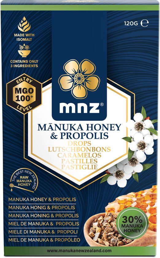 Verpakking MNZ Manuka honing en propolis pastilles, 120g, MGO 100+, met afbeelding van honingraat en bloesem.
