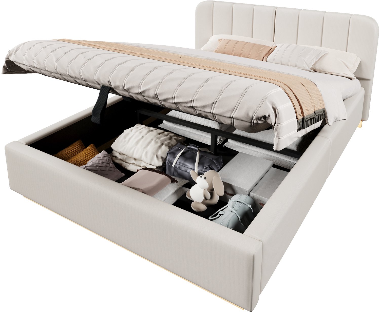 REDOM Gestoffeerd tweepersoonsbed 140x200 cm - Hydraulische opbergruimte, lattenbodem en LED - Beige