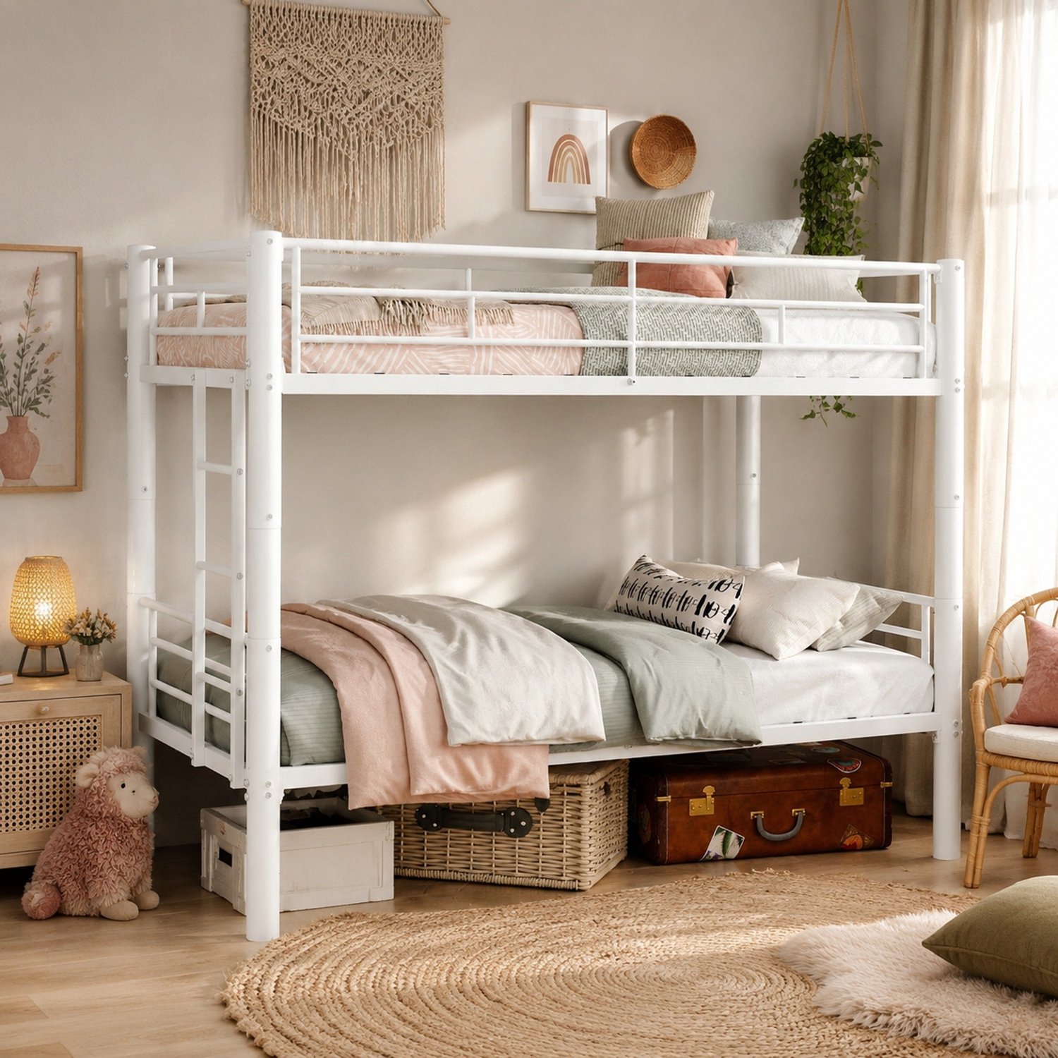 Stapelbed 90x190 cm - Metalen Bed met Ladder en Uitvalbeveiliging - Om te Bouwen tot Twee Eenpersoonsbedden - Zonder Matras - IJzer - Wit