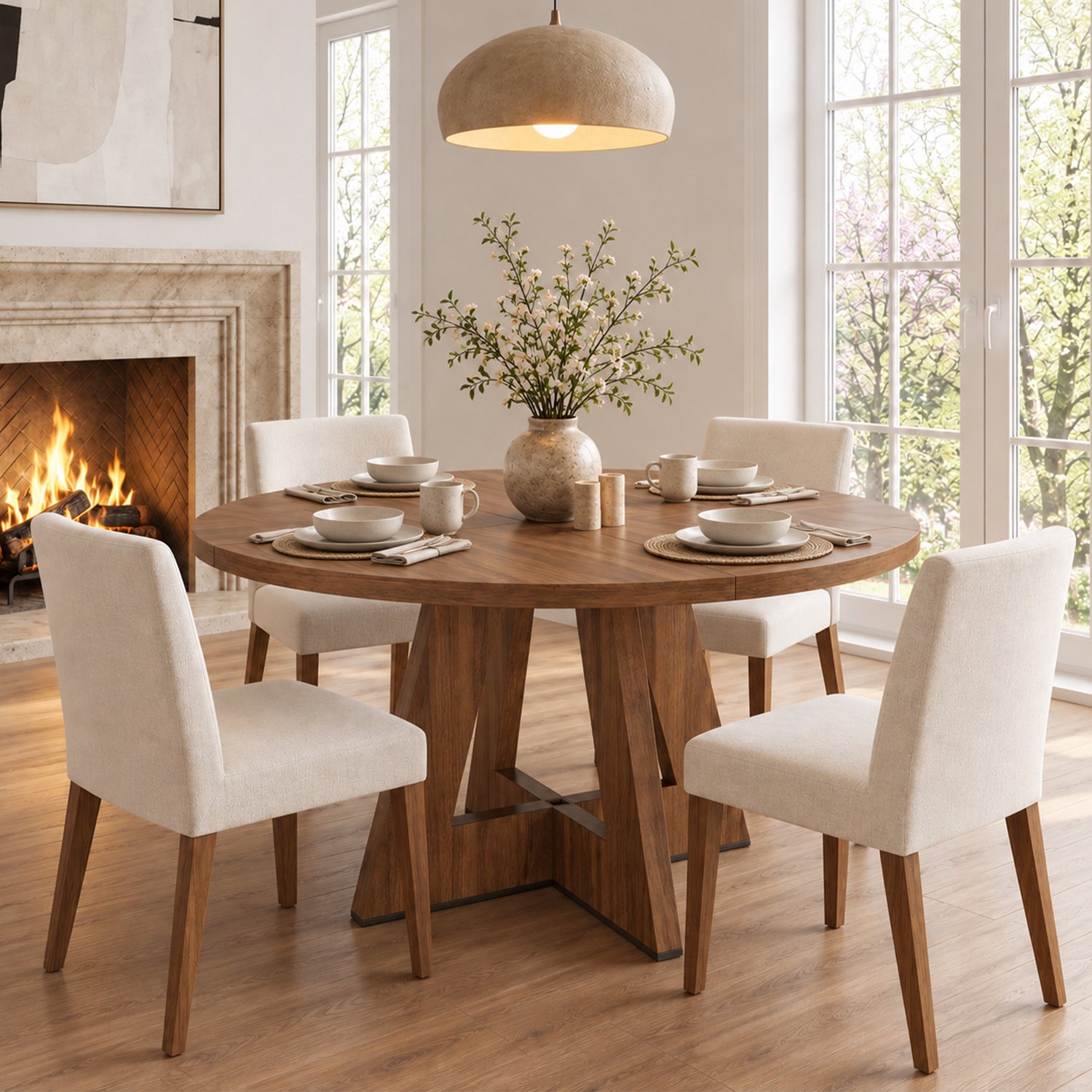 OKWISH Ronde Eettafel - Voor 4 tot 6 Personen - Scandinavische Stijl - Voor Eetkamer en Woonkamer - MDF in Walnootkleur - Diameter 120 cm