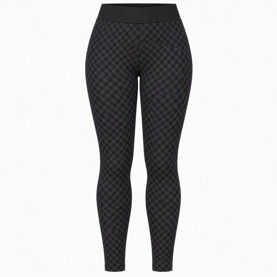 Zwarte thermo legging met een subtiel grijs ruitpatroon en een brede, effen zwarte tailleband.