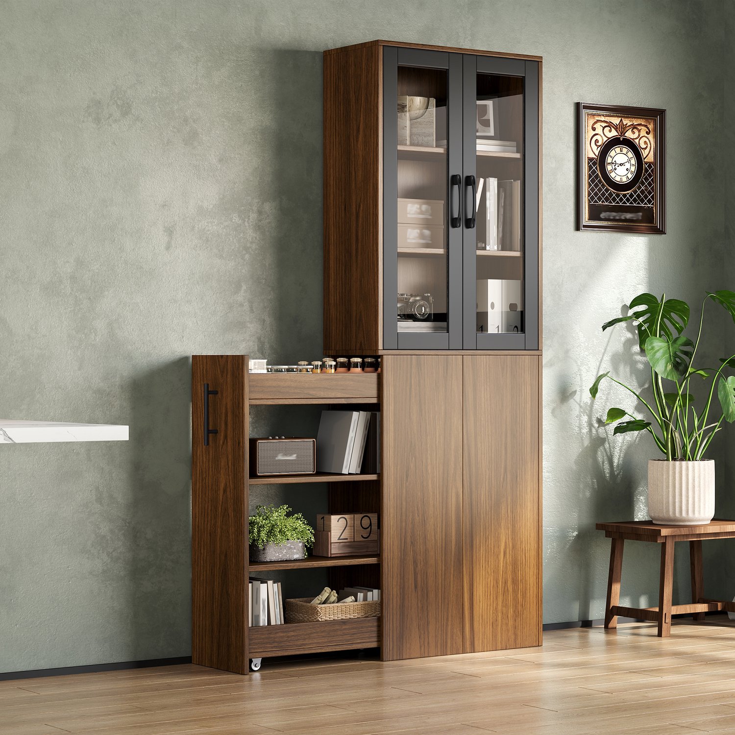 HAUSS SPOLE Keukenkast - Smalle Hoge Kast met Glazen Deuren en Uittrekbare Opbergwagen - Voor Keuken en Eetkamer - MDF - 60 x 30 x 180 cm - Zwart en Naturel Zwart en naturel houtkleur