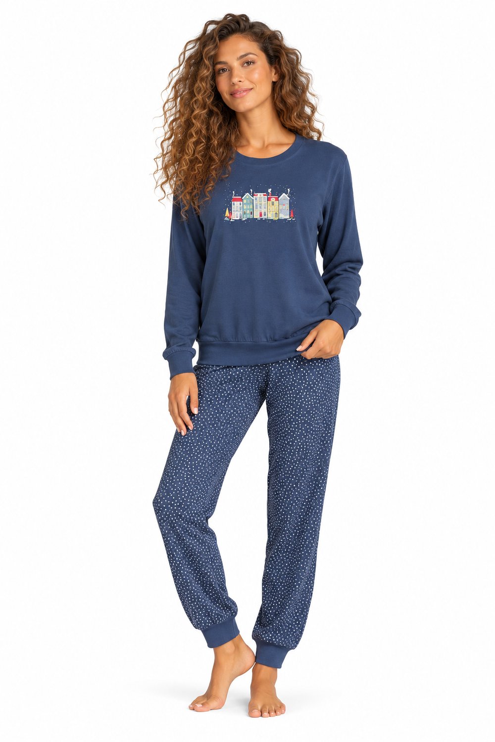 Comtessa Dames pyjama katoen - Donkerblauw - Huisjes