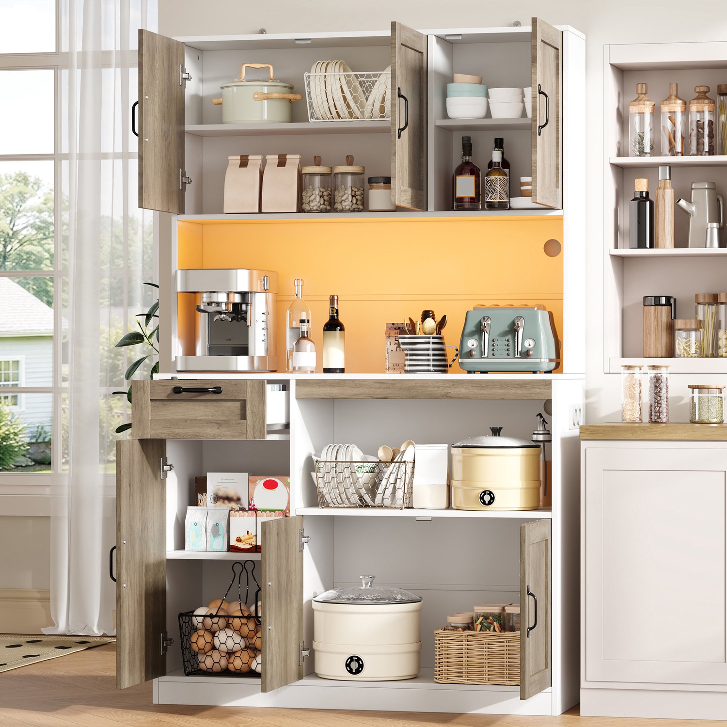 HAUSS SPOLE Keukenkast - Hoge Kast Met Ledverlichting En Stopcontacten - 6 Deuren En 1 Lade Voor Keuken En Eetkamer - Mdf Wit En Naturel - 110x40x180 Cm Wit en naturel houtkleur