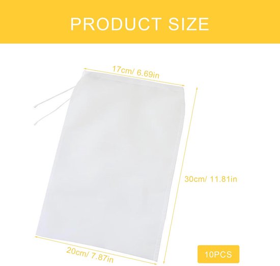 Witte Perszakken voor Fruitpers - 10 Stuks, Wasbaar Nylon Filterzakken — afbeelding 5
