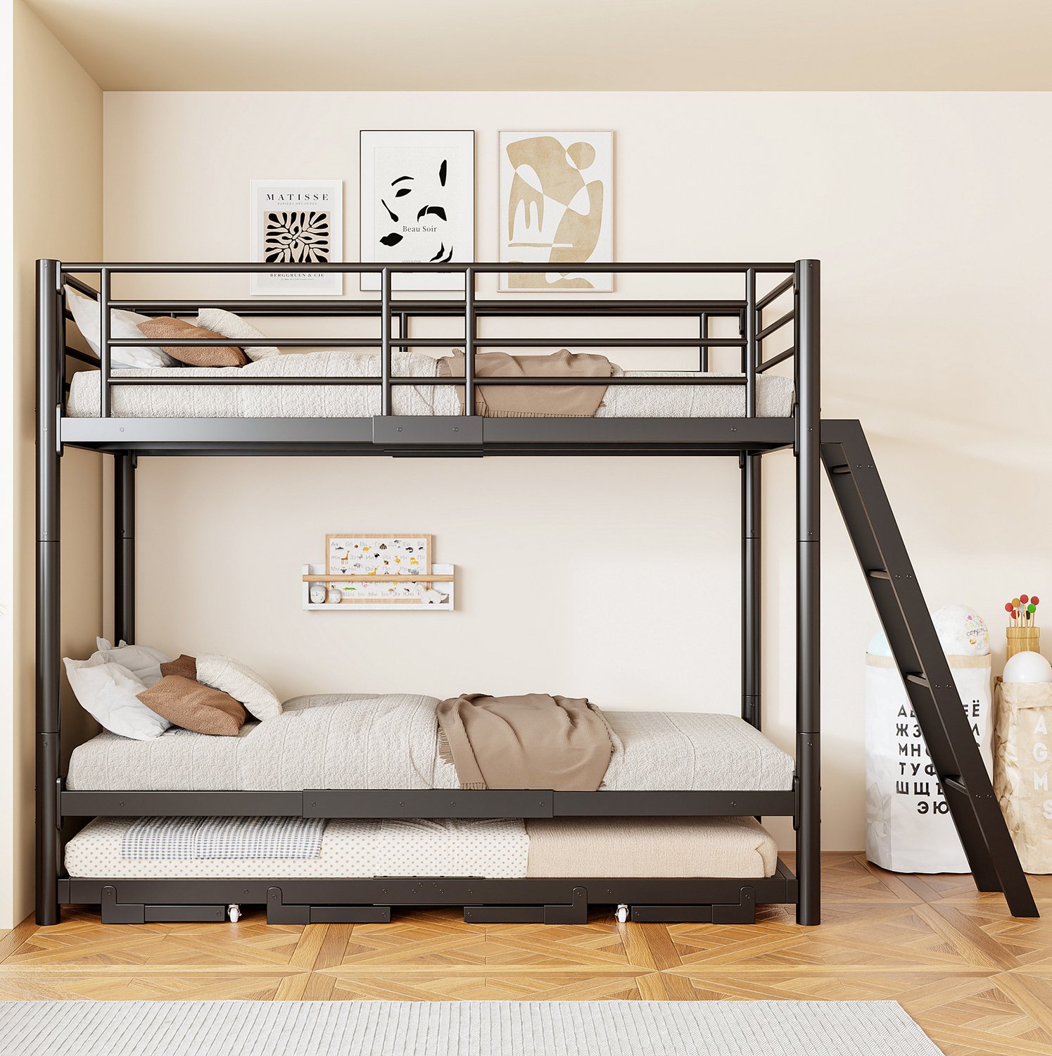 HAUSS SPOLE Stapelbed 90 x 200 cm - Uitschuifbaar Onderbed - Extra Slaapruimte voor Kinderen en Gasten - Zonder Matras - Metaal en Hout - Zwart