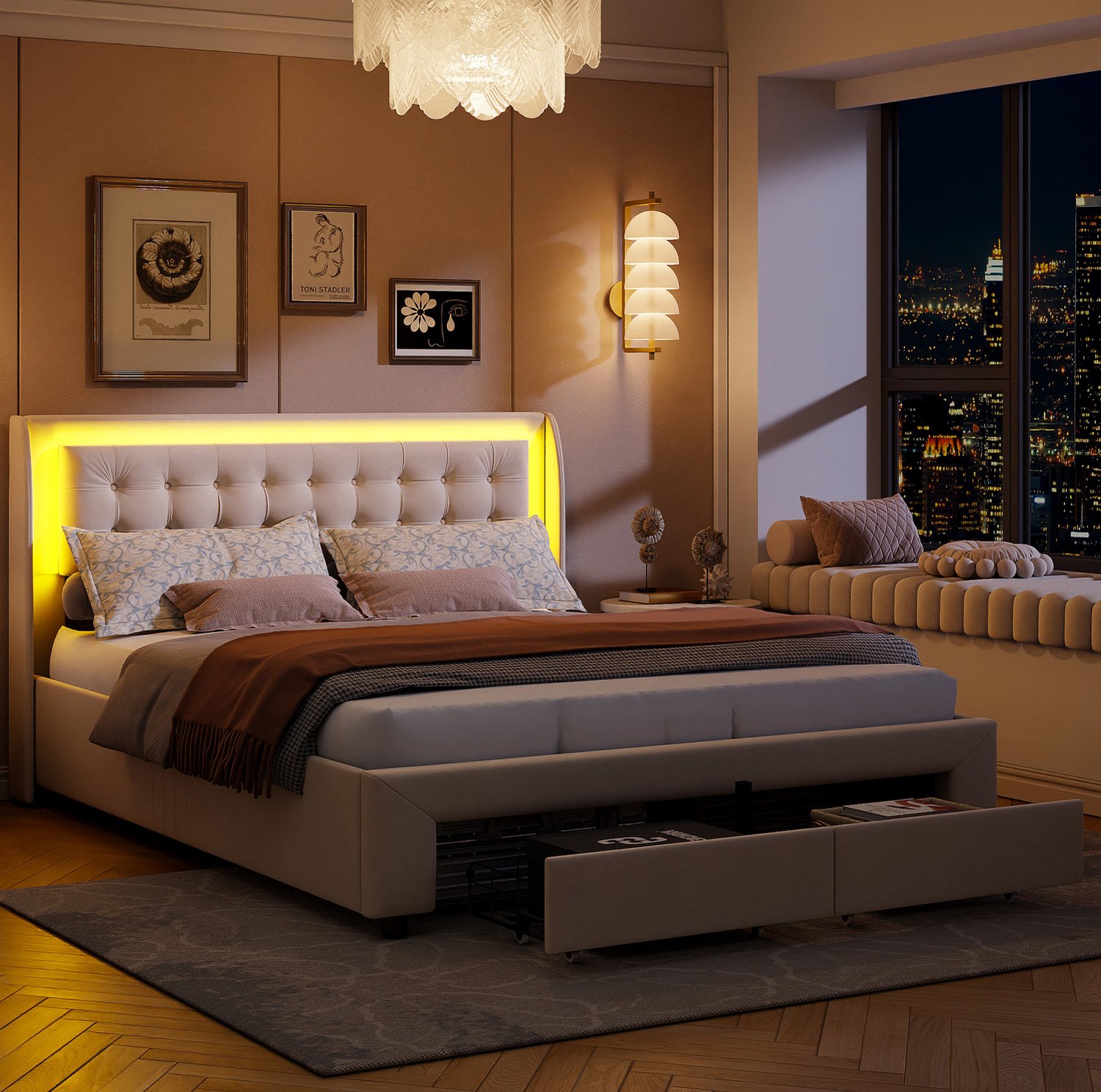 MEUNIQ Tweepersoonsbed voor matras 140 x 190 cm, gestoffeerd bedframe met bedlade op wieltjes en verstelbare verlichting in het hoofdbord, beige