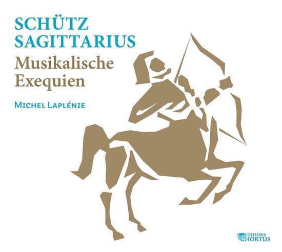 CD-hoes met gestileerd bruin boogschutter-icoon, tekst Schütz Sagittarius Musikalische Exequien en Editions Hortus logo.