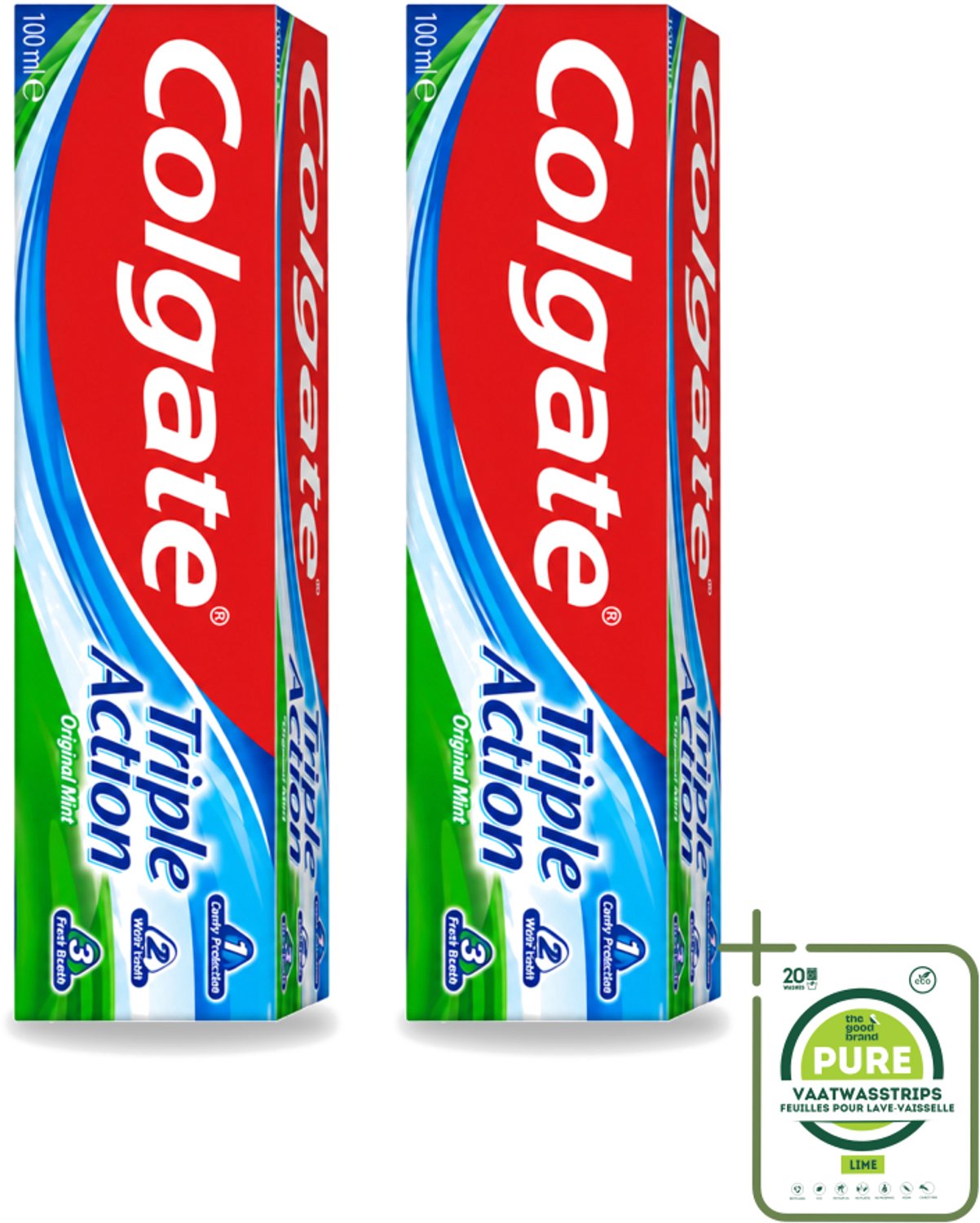 2 x Colgate - Triple Action - Original Mint - Tandpasta - 100ml - Grootverpakking - Vaatwasstrips - Tandpasta - Gaatjesbescherming - Wittere Tanden - Frisse Adem - Mondverzorging
