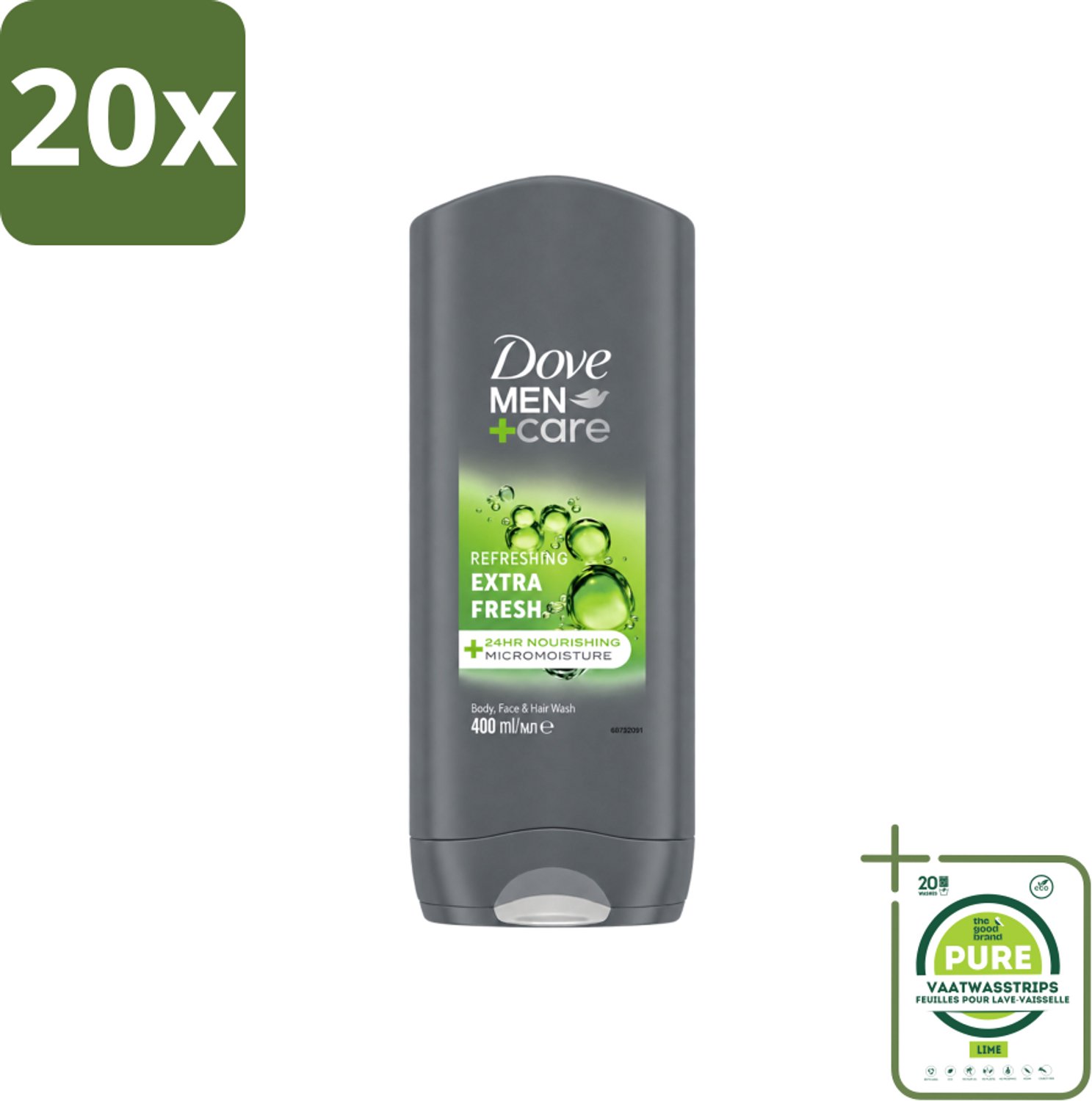 20 x Dove - Douchegel - Men+ Care Extra Fresh - Verfrissend - 400 ml - Grootverpakking - Vaatwasstrips - Douchegel - Mannelijke Geur - Reinigen - Huidverzorging - Fris Gevoel