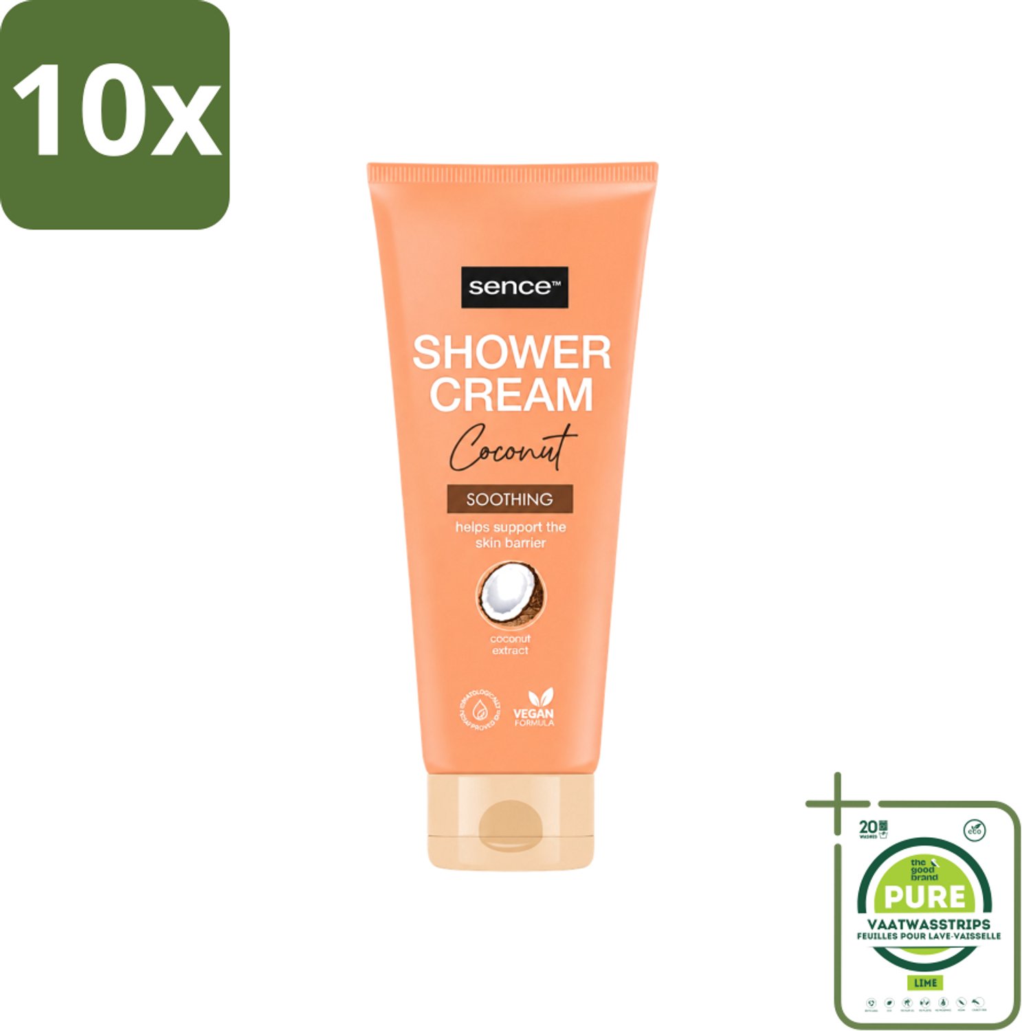 10 x Sence - Coconut - Douchecrème - Verzorgend - 200 ml - Grootverpakking - Vaatwasstrips - Douchecrème Kokos - Kokos Geur - Huid Verzorging - Droge Huid - Gevoelige Huid