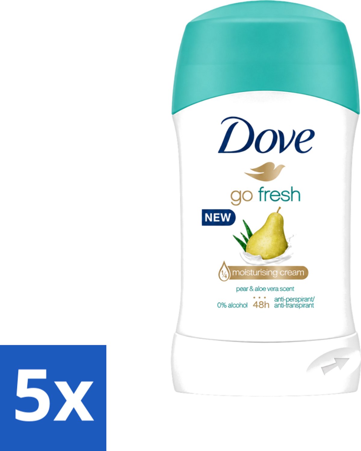 5 x Dove - Deodorant - Stick Go Fresh Pear & Aloe Vera - Frisse geur en bescherming - 40 ml - Voordeelverpakking - 5 stuks