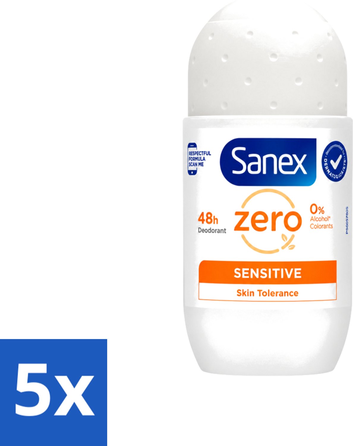 5 x Sanex - Deodorant - Roller - Zero% - Sensitive - Zonder Alcohol & Parabenen - 50 ml - Voordeelverpakking - 5 stuks