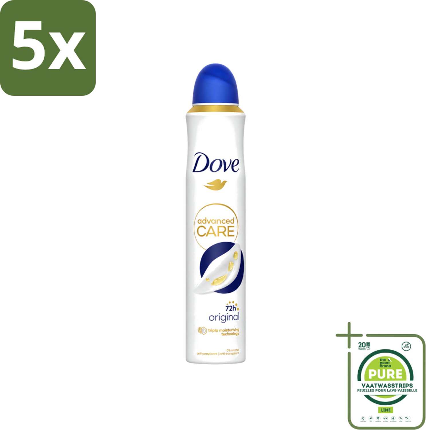 5 x Dove - Deodorant - Spray Advanced Care - Frisse en langdurige bescherming - 200 ml - Grootverpakking - Vaatwasstrips - Anti-transpirant Spray - Huidverzorging - Zweetvermindering - Geurvermindering - Scherenhuid