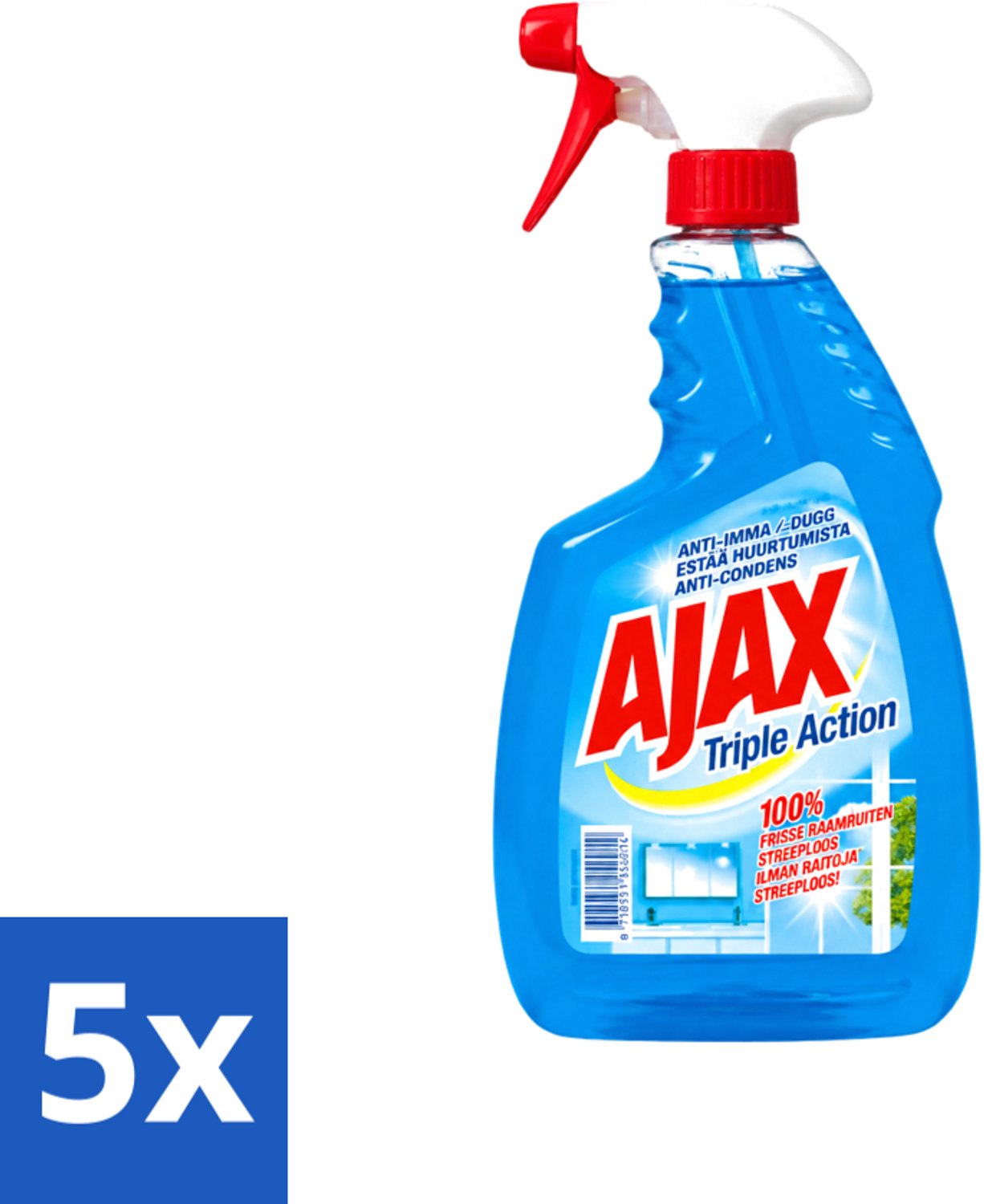 5 x Ajax - Glasreiniger Spray - Triple Action - Streeploos Schoon - Anti-Condens - 750 ml - Voordeelverpakking - 5 stuks
