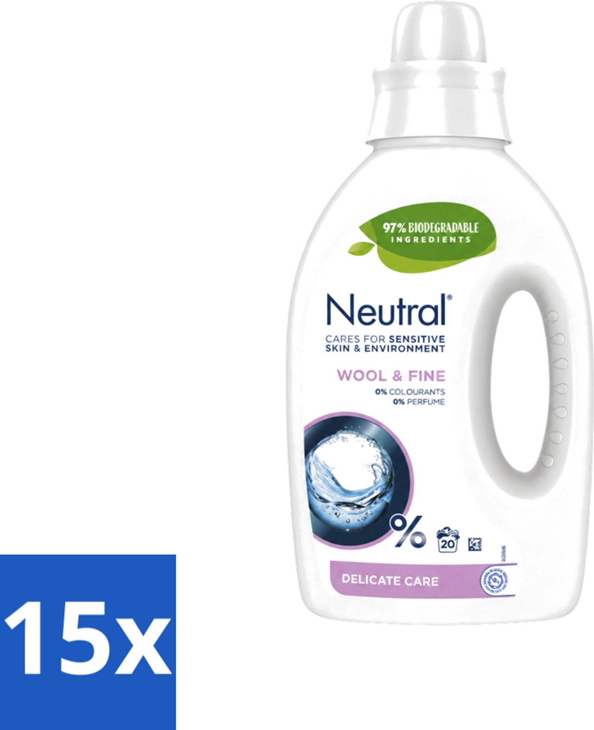 15 x Neutral - Vloeibaar Wasmiddel - Wool & Fine - Gevoelige Huid - 0% Kleurstof & Parfum - 20 Wasbeurten - Voordeelverpakking - 15 stuks