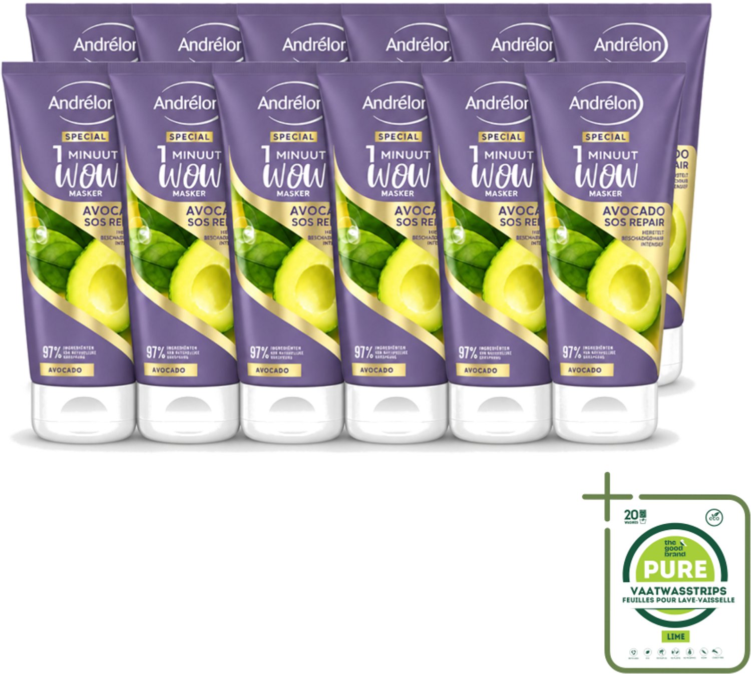 12 x Andrélon - 1 Minuut Wow Haarmasker - Avocado SOS Repair - 180 ml - Grootverpakking - Vaatwasstrips - Haarmasker - Haarherstel - Avocado Masker - Beschadigd Haar - 1 Minuut Herstel