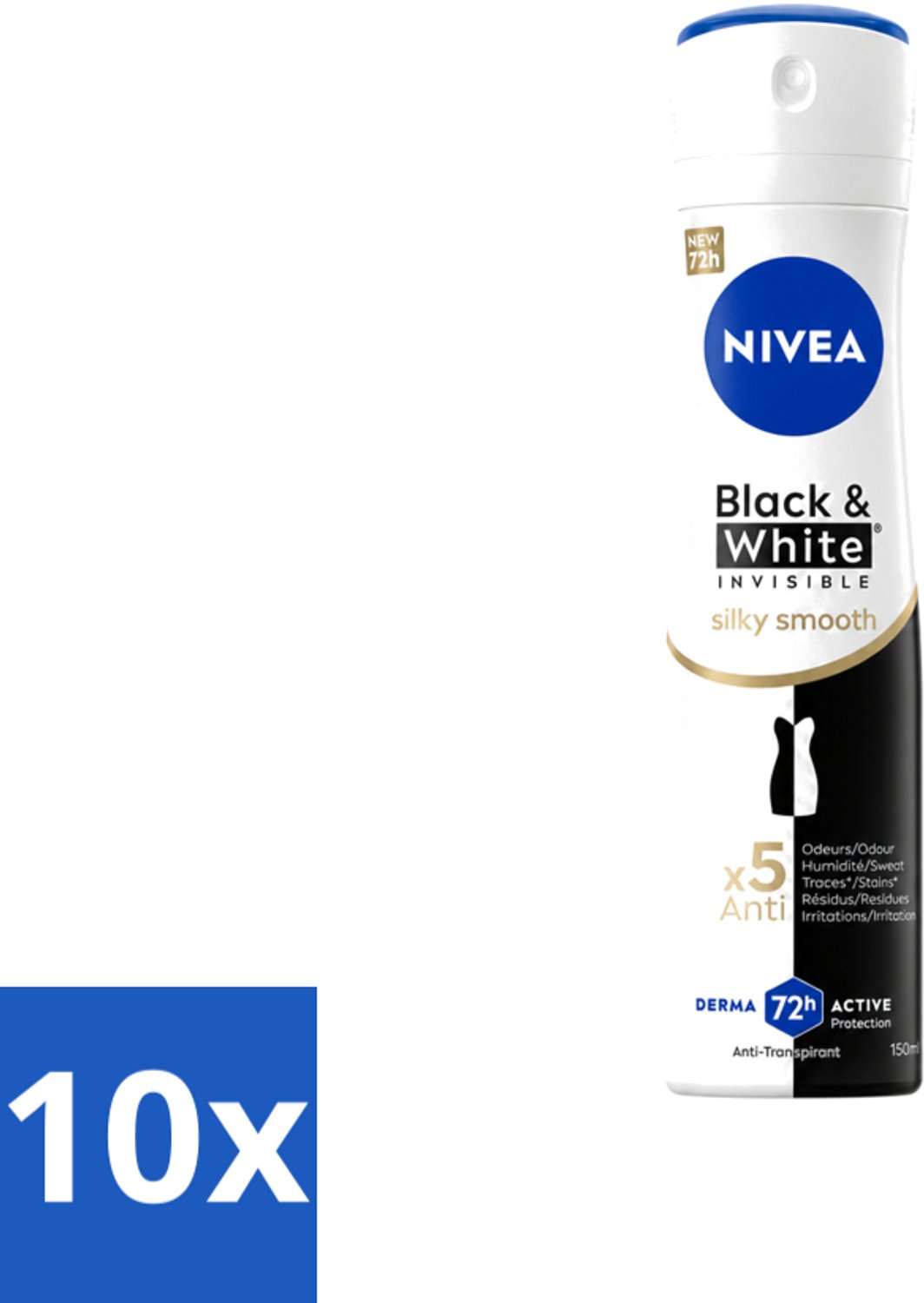 10 x Nivea - Deodorant - Spray - Black & White Invisible Silky Smooth - 150 ml - Voordeelverpakking - 10 stuks