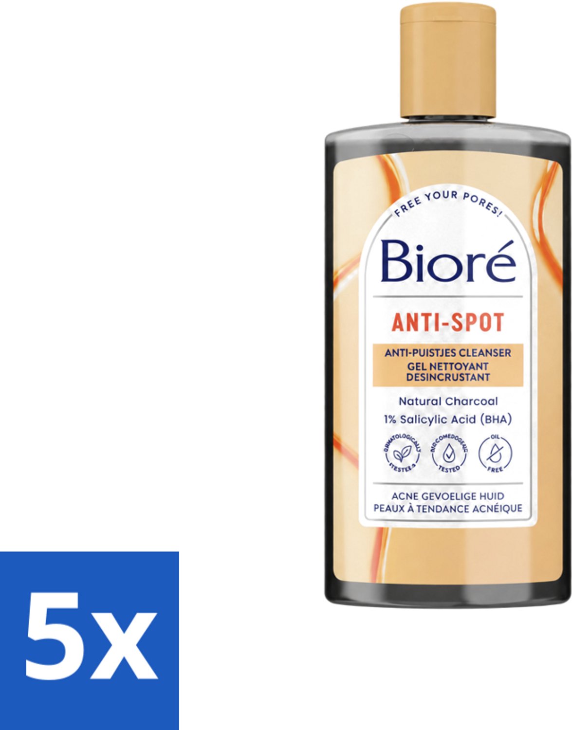 5 x Bioré – Houtskool Anti-Puistjes Reinigingsgel – Gezichtsreiniger – 200 ml - Voordeelverpakking - 5 stuks