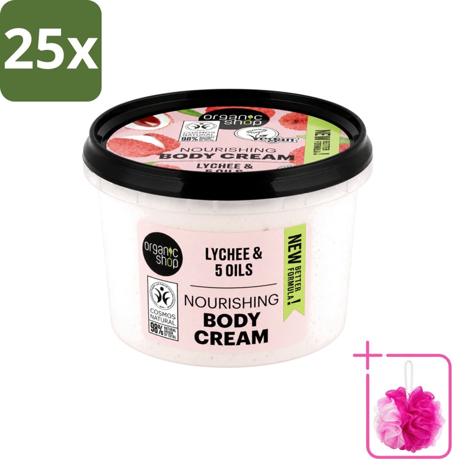 25 x Organic Shop - Nourishing Body Cream Lychee - Hydraterend en Voedend - 250 ml - Bulkverpakking - Hydratatie - Douchemop - Voeding