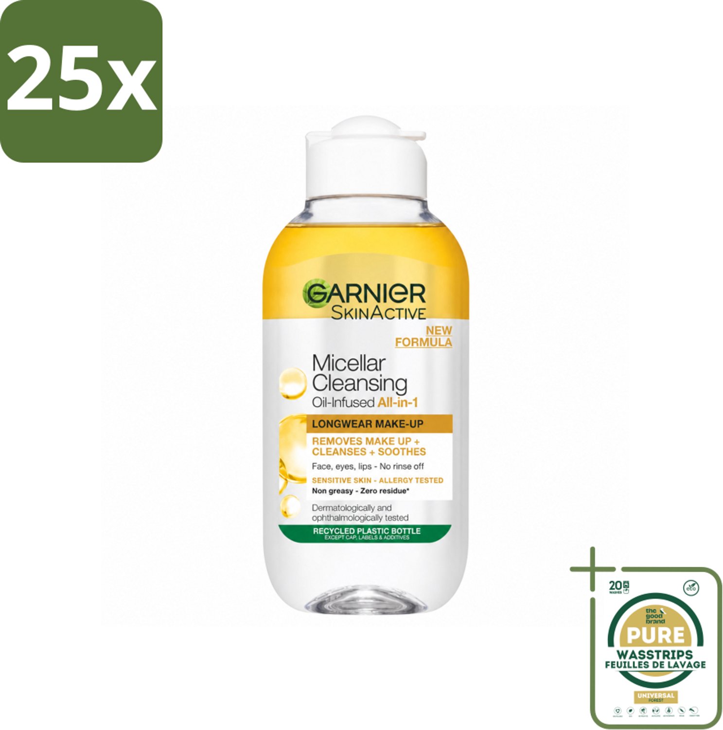25 x Garnier - Micellair Reinigingswater - Olie - 100 ml - Wasstrips - Make-up Verwijderen - Micellair Reinigingswater - Gezicht Reinigen - Olie Voor Huid - Waterproof Make-up Verwijderen
