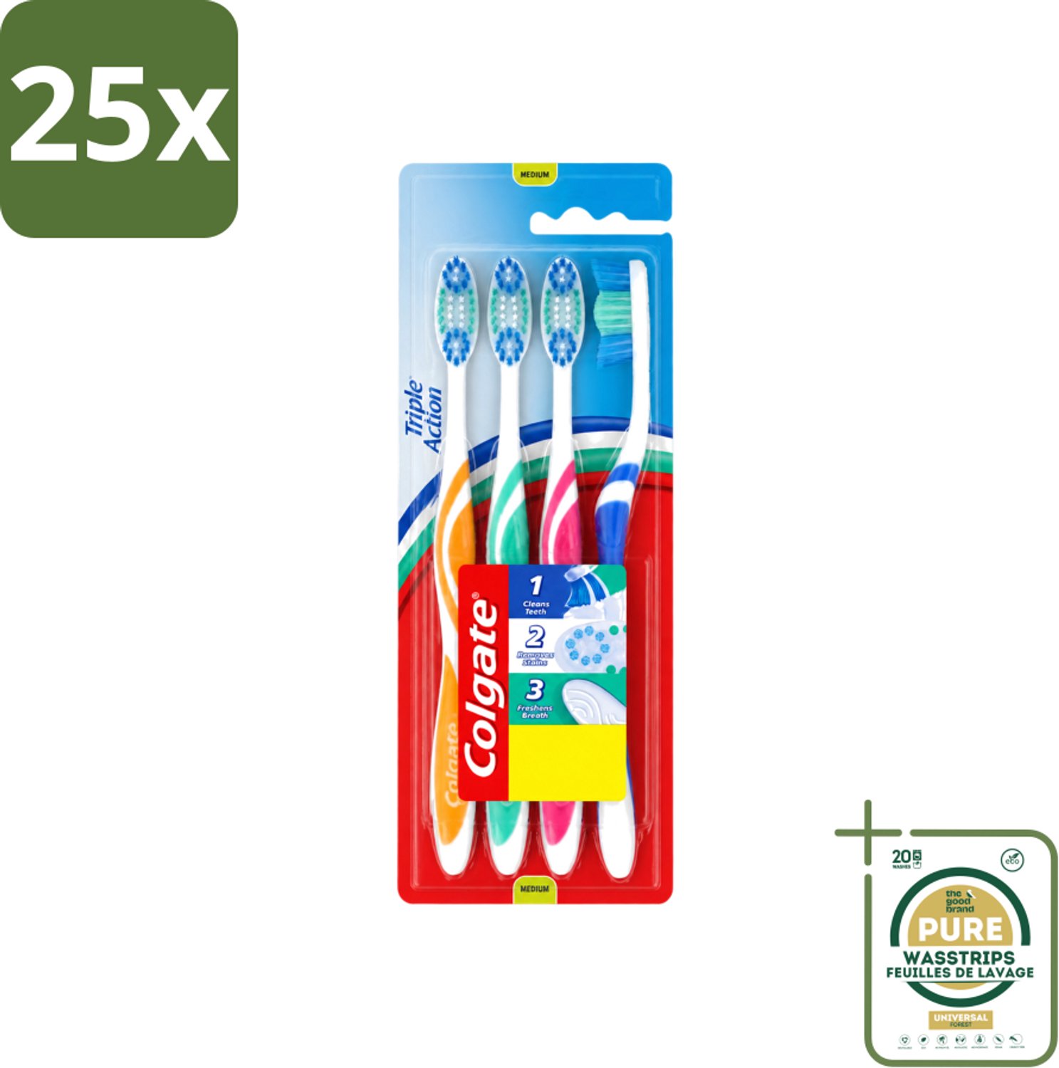 25 x Colgate - Tandenborstels - Triple Action - Medium - 4 borstels - Wasstrips - Tandenborstel - Mondhygiëne - Tanden Reinigen - Vlekverwijderen - Frisse Adem