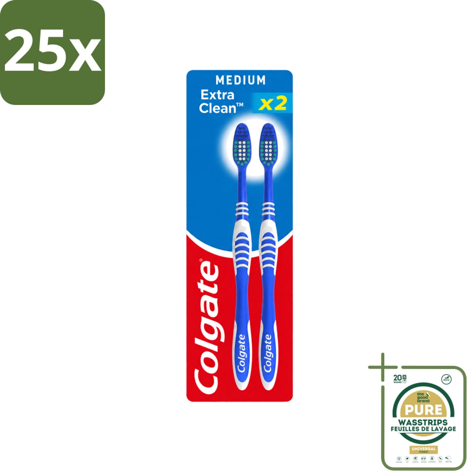 25 x Colgate - Tandenborstels - Extra Clean Duo - Medium - 2 borstels - Wasstrips - Tandenborstel - Mondhygiëne - Reiniging - Tongreiniger - Frisse Adem