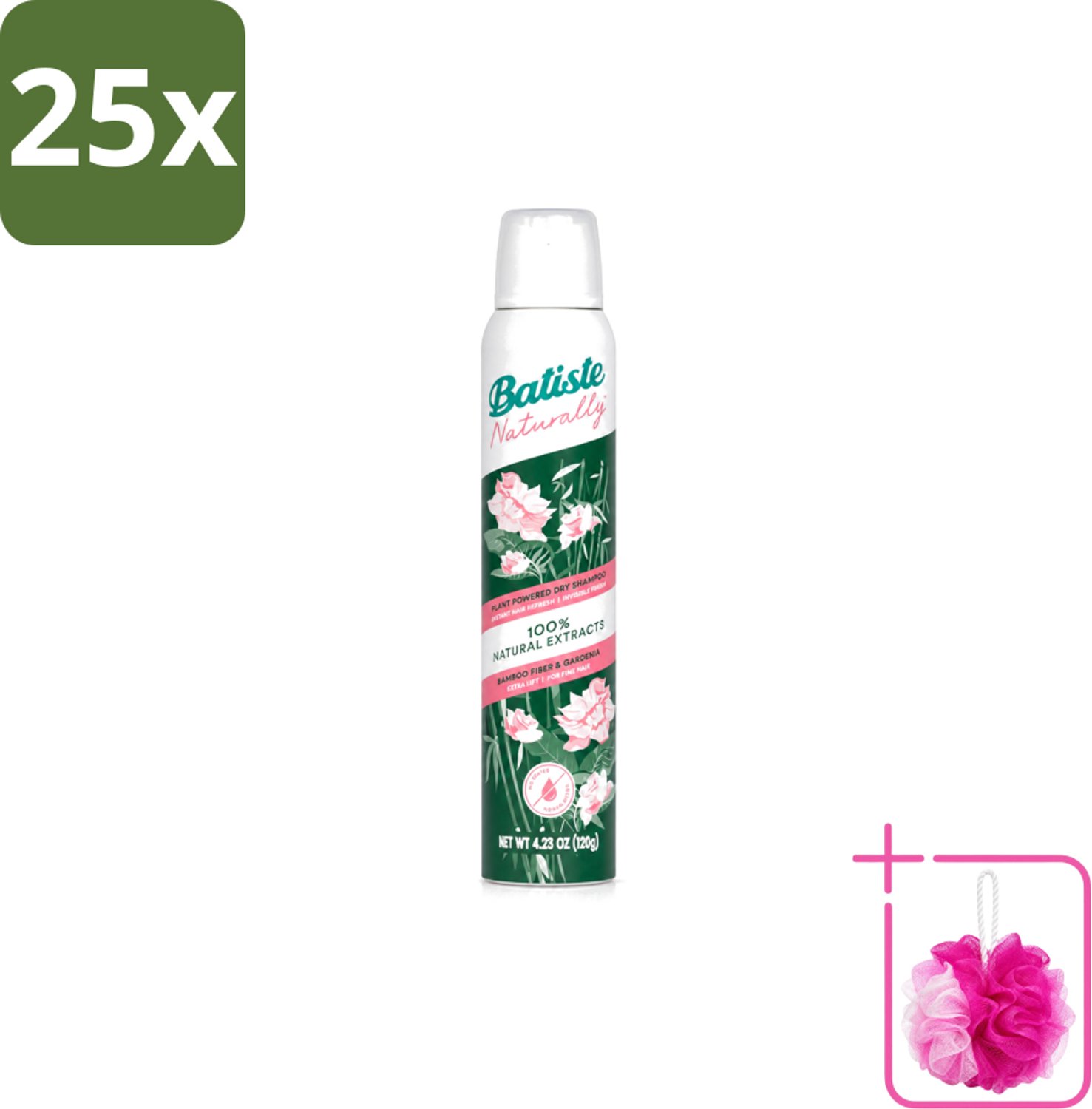 25 x Batiste - Naturally Bamboo Fibre & Gardenia - Droogshampoo - Versterkt en Verfrist - 100% Natuurlijk - 200ml - Bulkverpakking - Natuurlijke haarkleur - Douchemop - Haarkleur verfrissen