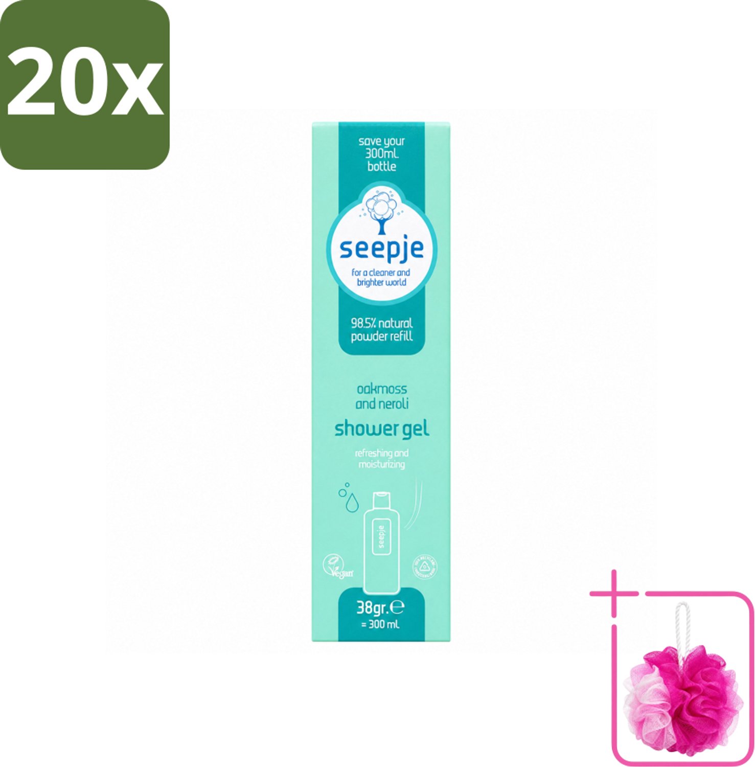 20 x Seepje - Douchegel - Duurzaam & Handig - Eikenmos en Neroli - Navulling - 38 gr - Bulkverpakking - Douchegel navulling - Douchemop - Eikenmos