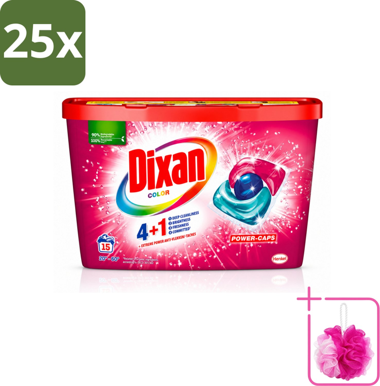 25 x Dixan - Wasmiddelcapsules - Voor gekleurde was - 15 wasbeurten - Bulkverpakking - Wasmiddel voor gekleurde was - Douchemop - Wasmiddelcapsules
