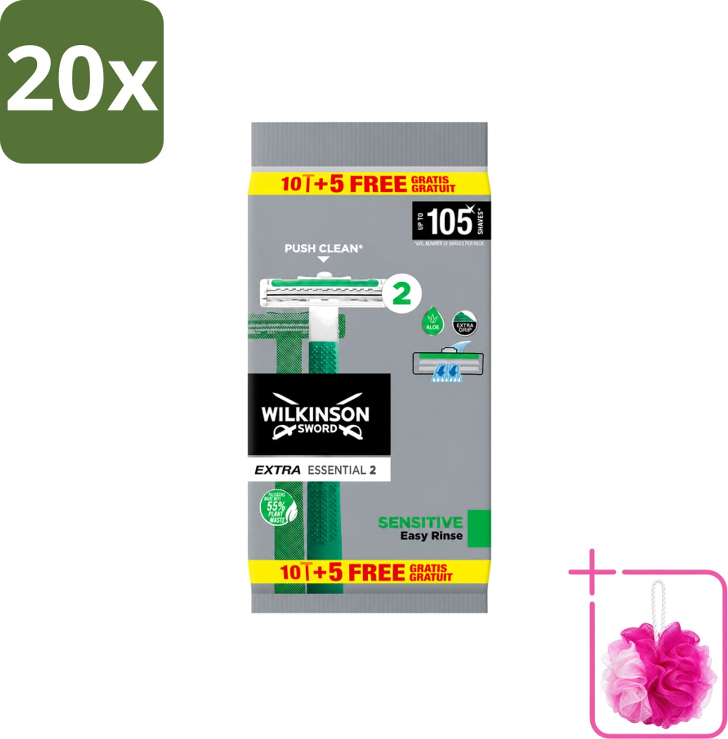 20 x Wilkinson - Wegwerpscheermesjes - Extra Essential 2 Sensitive - Zacht - 15 mesjes - Bulkverpakking - Wegwerpscheermesje - Douchemop - Scheermesje
