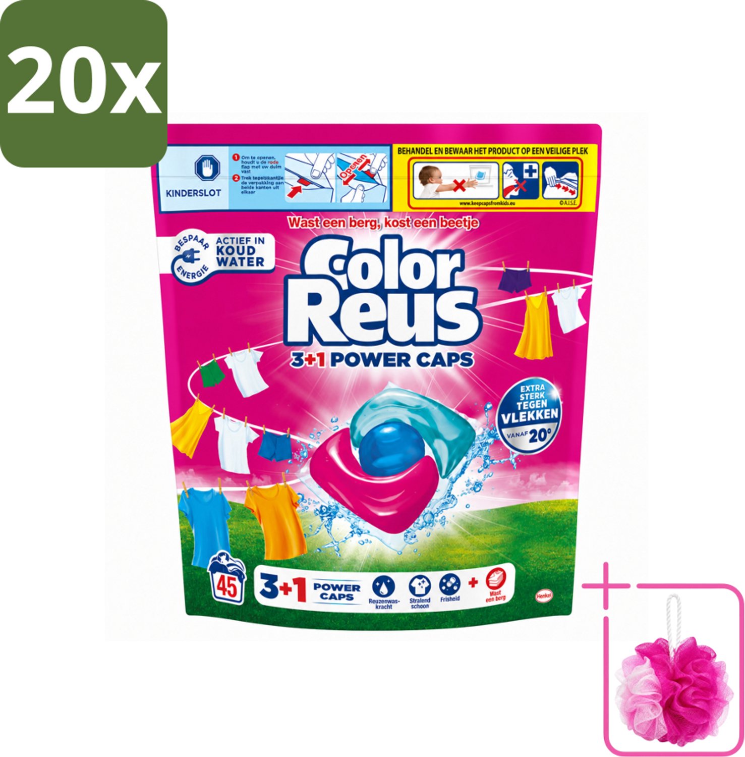 20 x Color Reus - 3+1 Power Caps - Gekleurde Was - 45 Wasbeurten - Bulkverpakking - Was capsules - Douchemop - Gekleurde was