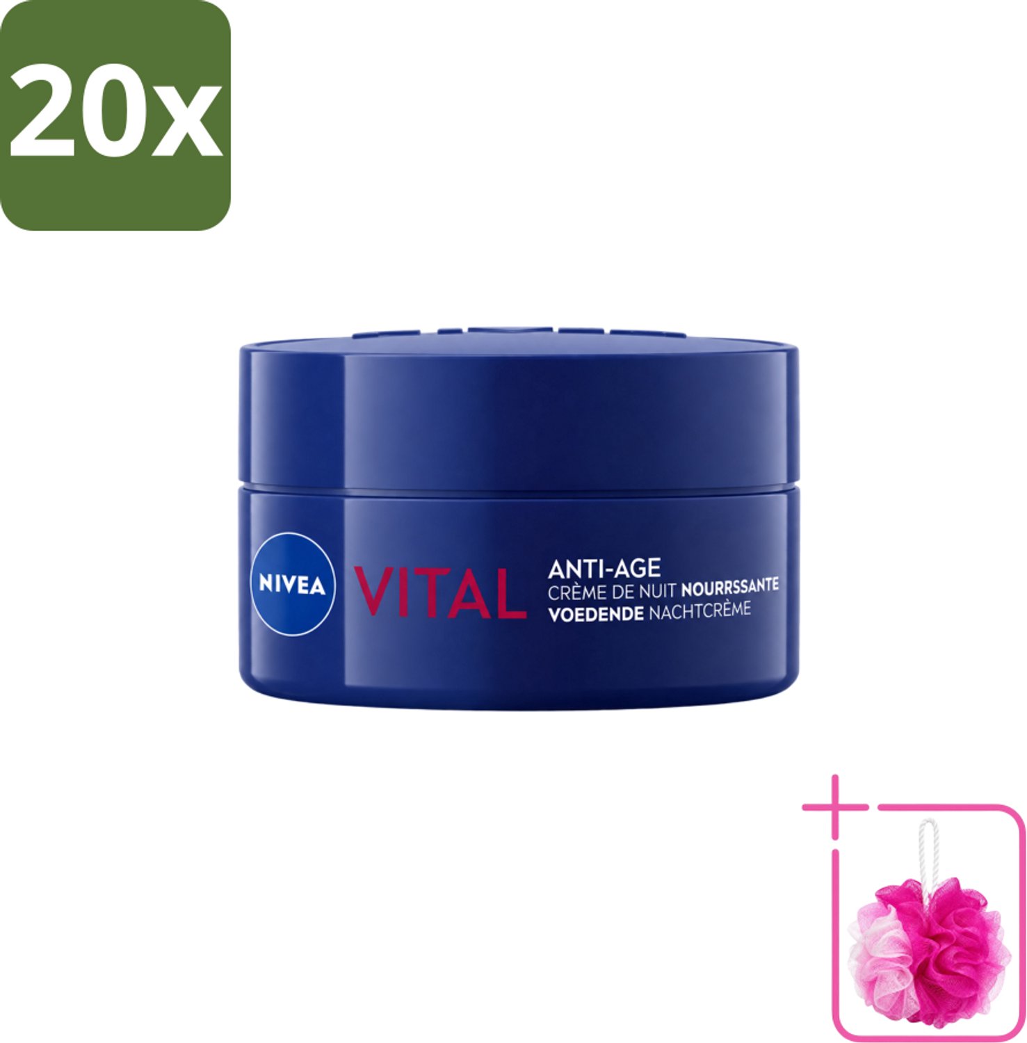 20 x NIVEA - Nachtcrème - VITAL Anti-Rimpel Herstellend - Voor rijpe huid - Met Vitamine F, Teunisbloemolie & Calcium - 50 ml - Bulkverpakking - Nachtcrème - Douchemop - Anti-rimpel