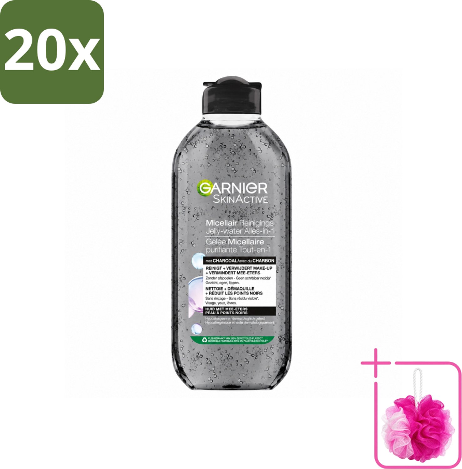 20 x Garnier - SkinActive - Micellair Jelly-water - Alles-in-1 - Charcoal - 400 ml - Bulkverpakking - Huid reinigen - Douchemop - Make-up verwijderen