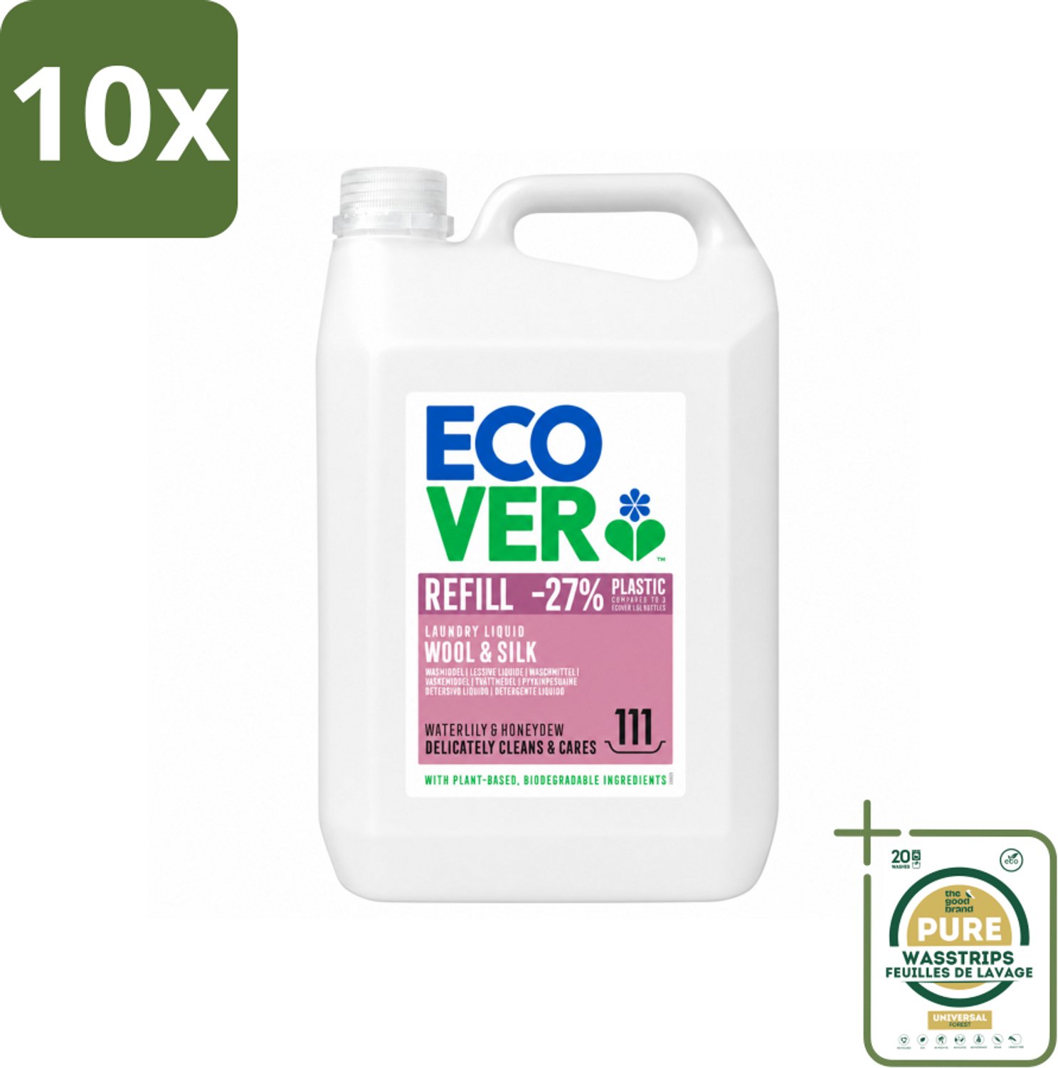 10 x Ecover - Vloeibaar wasmiddel - Wol & Fijnwas - Waterlelie & Honingmeloen - 5 liter - 111 wasbeurten - Wasstrips - Wasmiddel Wol - Fijnwas - Zachte Wasmiddel - Delicate Stoffen - Waterlelie Geur
