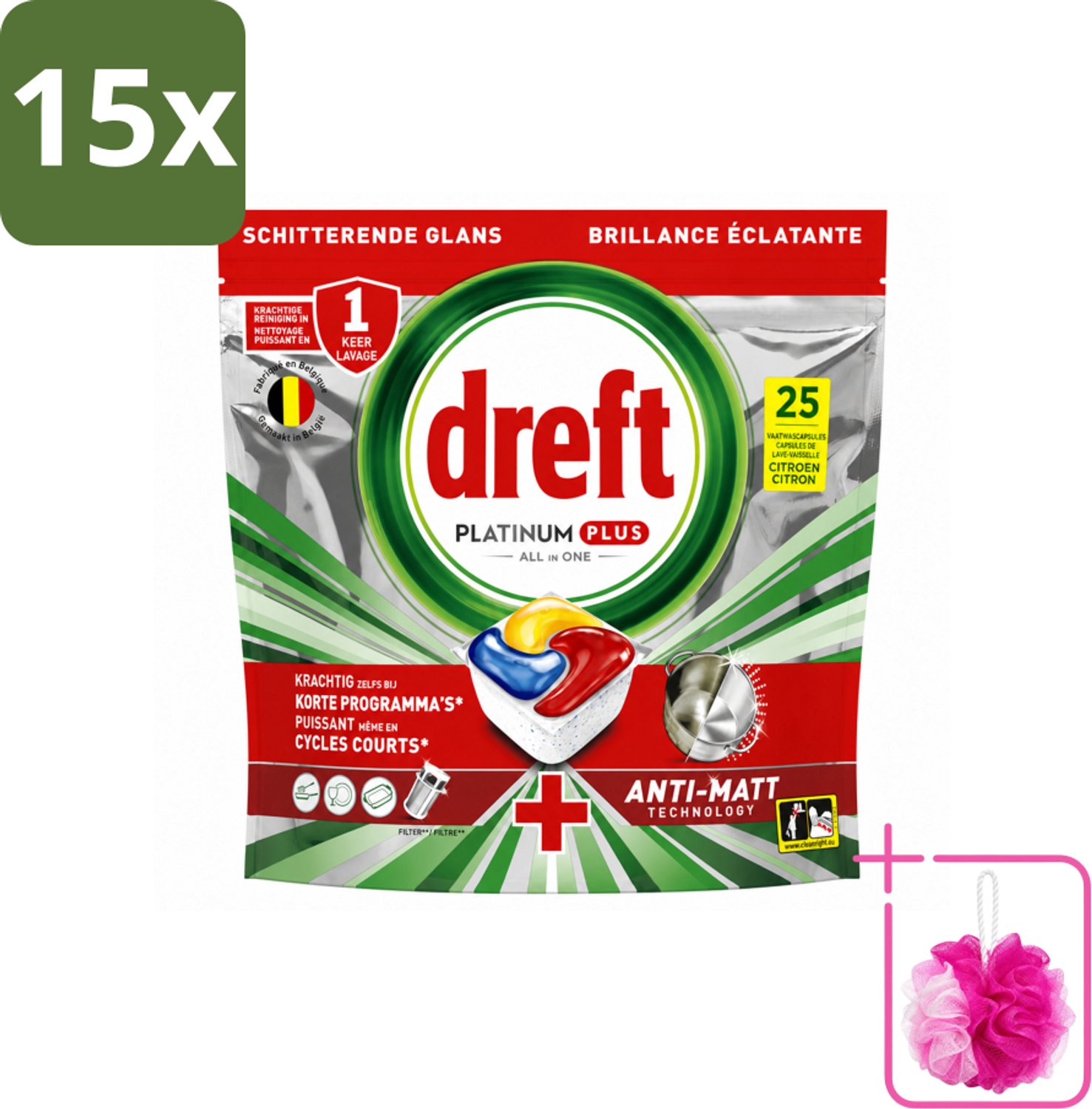 15 x Dreft - Vaatwastabletten - Platinum Plus All-in-One Citroen - Frisse geur - 25 Tabletten - Bulkverpakking - Vaatwasmachine - Douchemop - Vaat reinigen