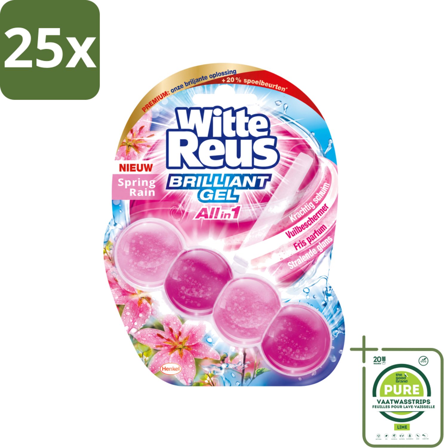 25 x Witte Reus - Toiletblok Brilliant Gel - Spring Rain - 1 Toiletblok - Grootverpakking - Vaatwasstrips - Toiletgel - Reinigingsgel - Frisheid - Schoonmaak - Toiletpot