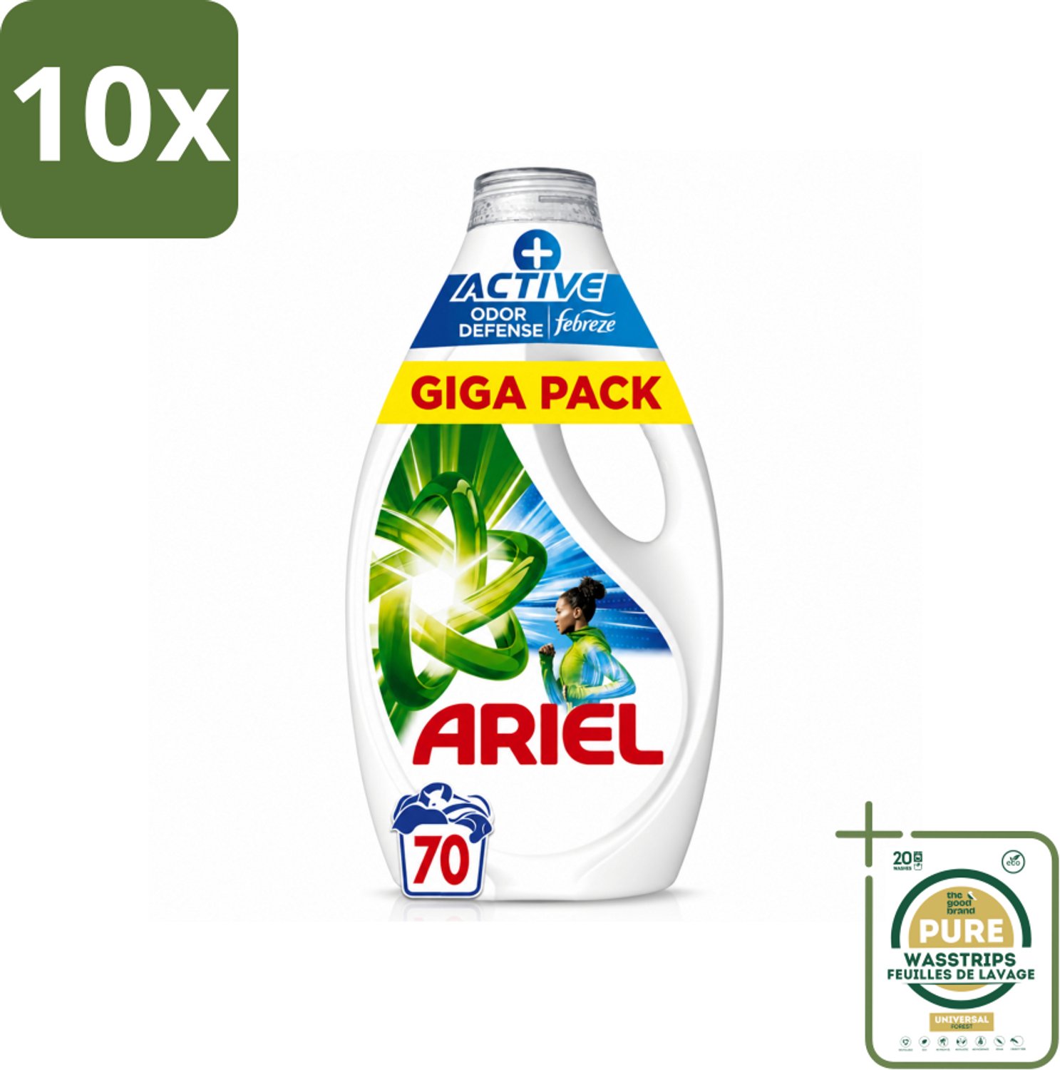 10 x Ariel - Vloeibaar Wasmiddel - +Actieve Odor Defense - 70 Wasbeurten - 3,15 liter - Wasstrips - Vloeibaar Wasmiddel - Geurbestrijding - Zweetgeuren Verwijderen - Frisheid - Koud Water Was