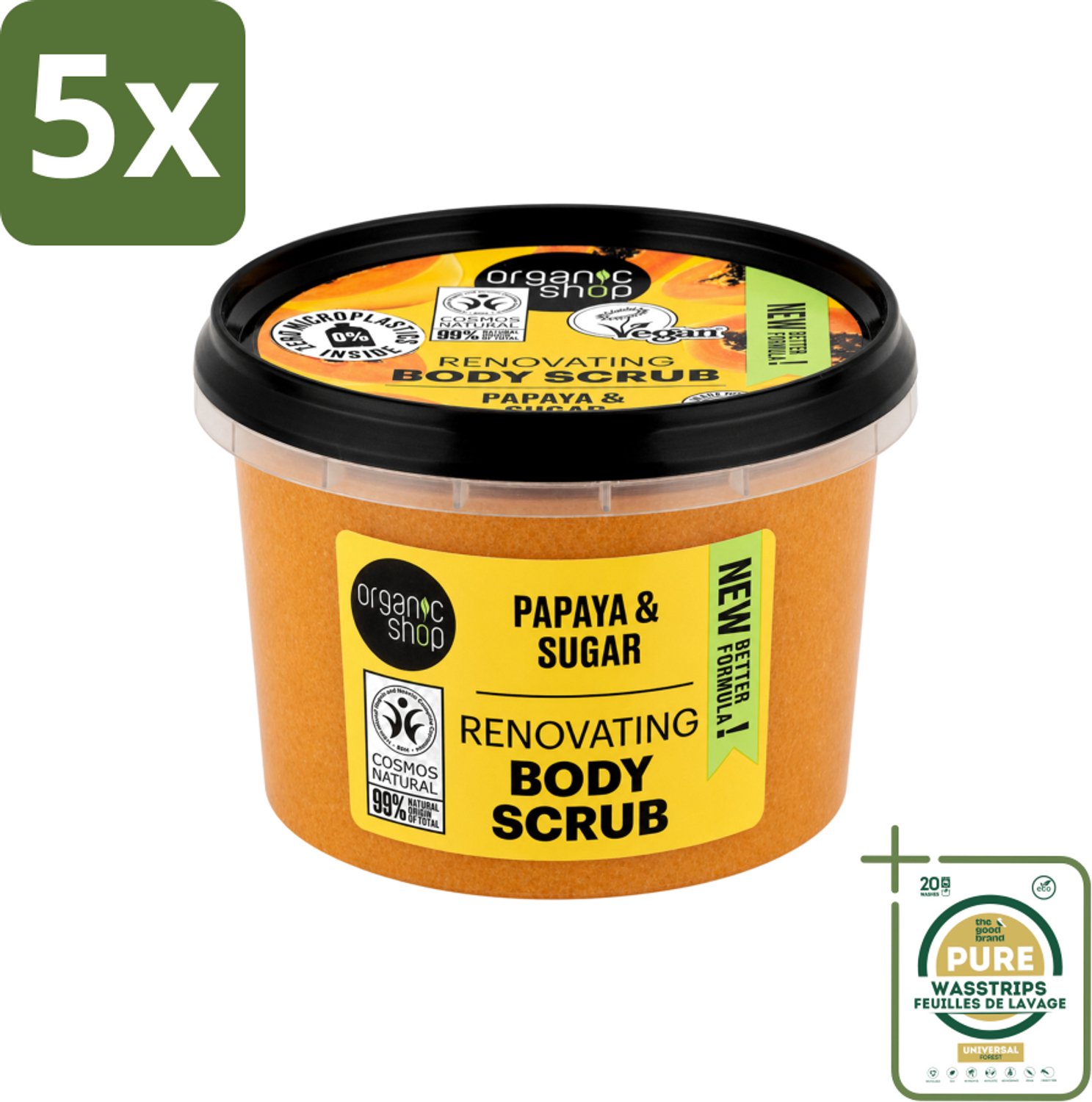 5 x Organic Shop - Body Scrub Papaya - Exfoliërend en Hydraterend - 250 ml - Wasstrips - Bodyscrub Papaya - Exfoliatie Huid - Natuurlijke Huidverzorging - Huidvernieuwing - Hydraterende Scrub