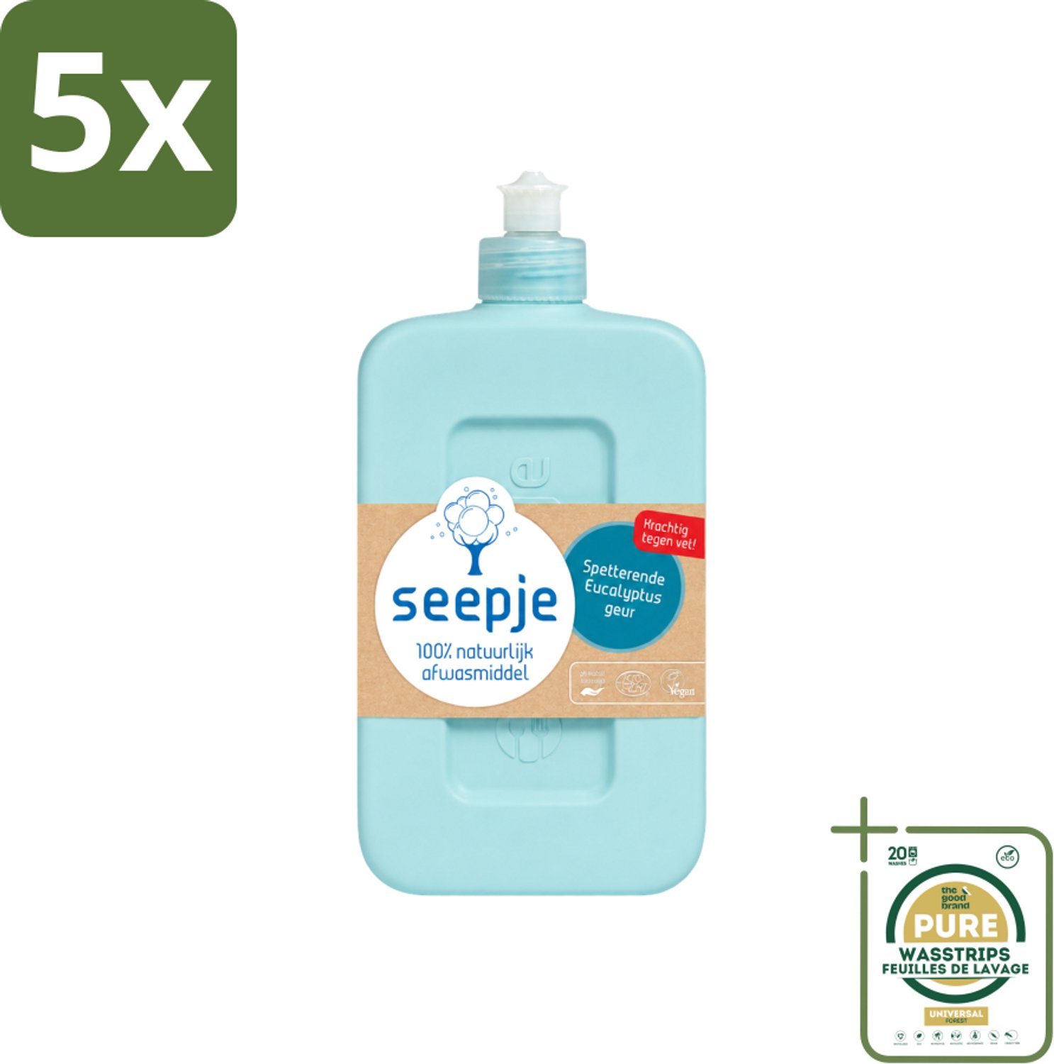 5 x Seepje - Afwasmiddel - Verfrissend & Zacht voor de Handen - Spetterende Eucalyptus - 500 ml - Wasstrips - Afwasmiddel - Eucalyptus - Handen Reinigen - Natuurlijk Afwasmiddel - Huidvriendelijk