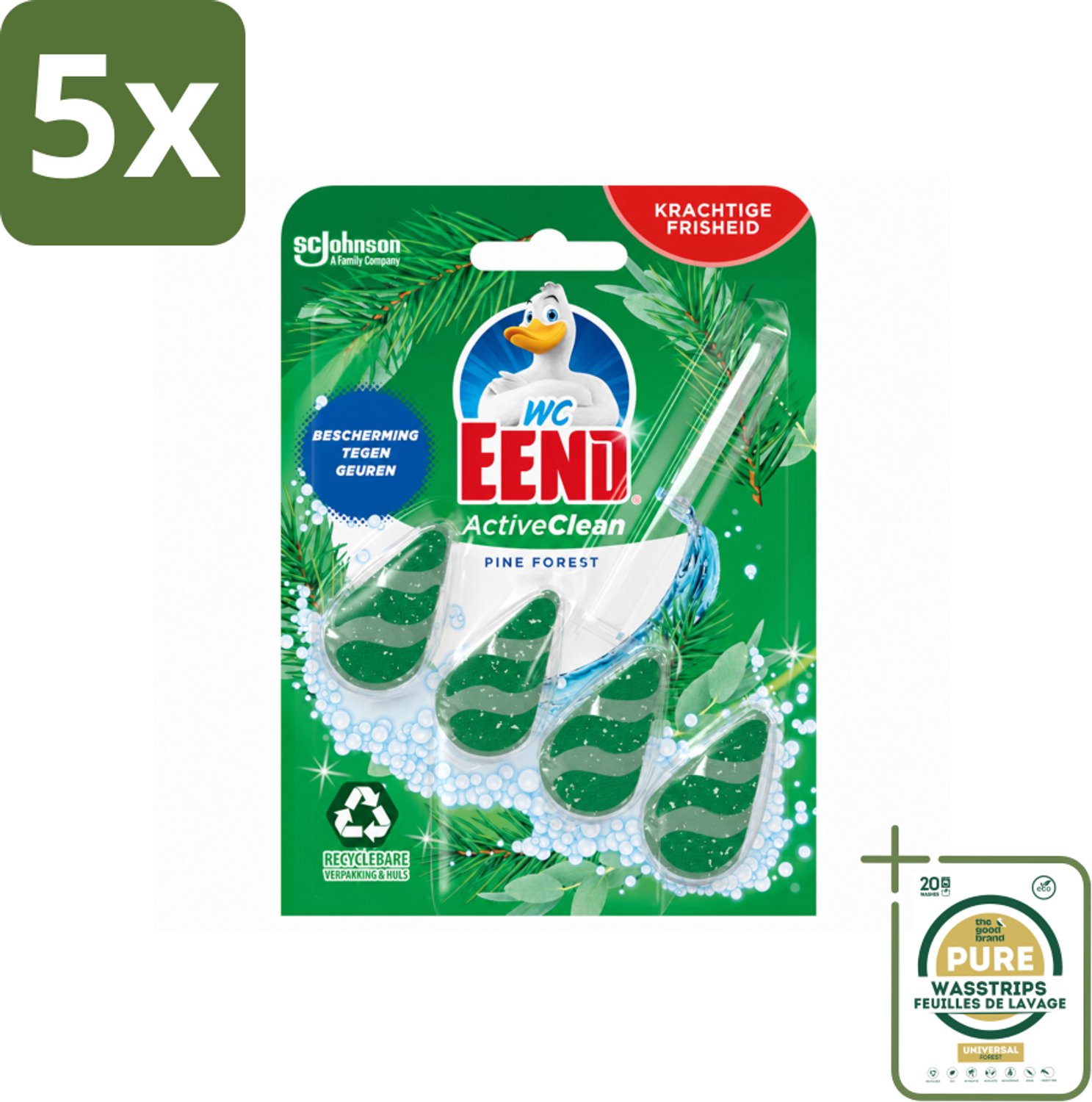 5 x WC Eend - Active Clean Pine Forest - Toiletblok - 1 Toiletblok - Wasstrips - Toiletblok - Reiniging Toilet - Frisse Geur Toilet - Aanslag Voorkomen - Schuim Toilet