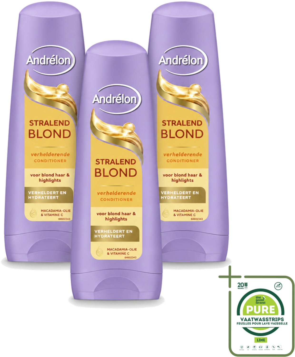 3 x Andrélon – Conditioner – Stralend Blond – 200 ml - Grootverpakking - Vaatwasstrips - Blond Haar Verzorgen - Verhelderen - Glans - Levendigheid - Kleuraccenten
