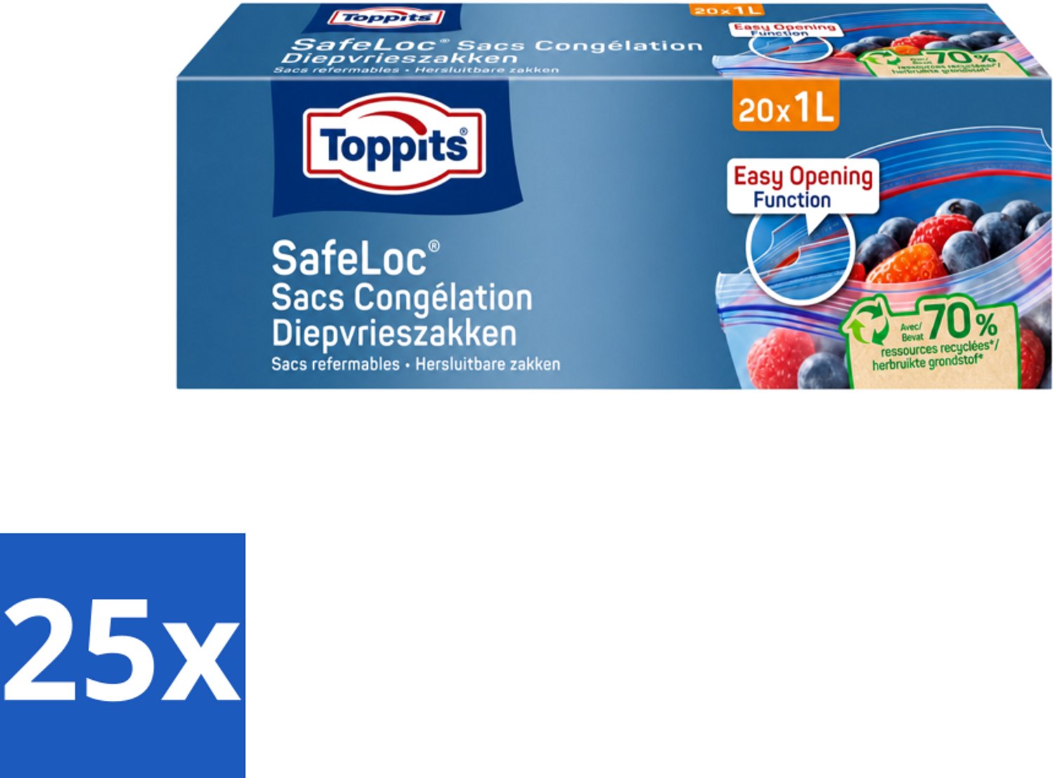 25 x Toppits – Safeloc Diepvrieszakken – 1 Liter – 20 Zakjes - Voordeelverpakking - 25 stuks