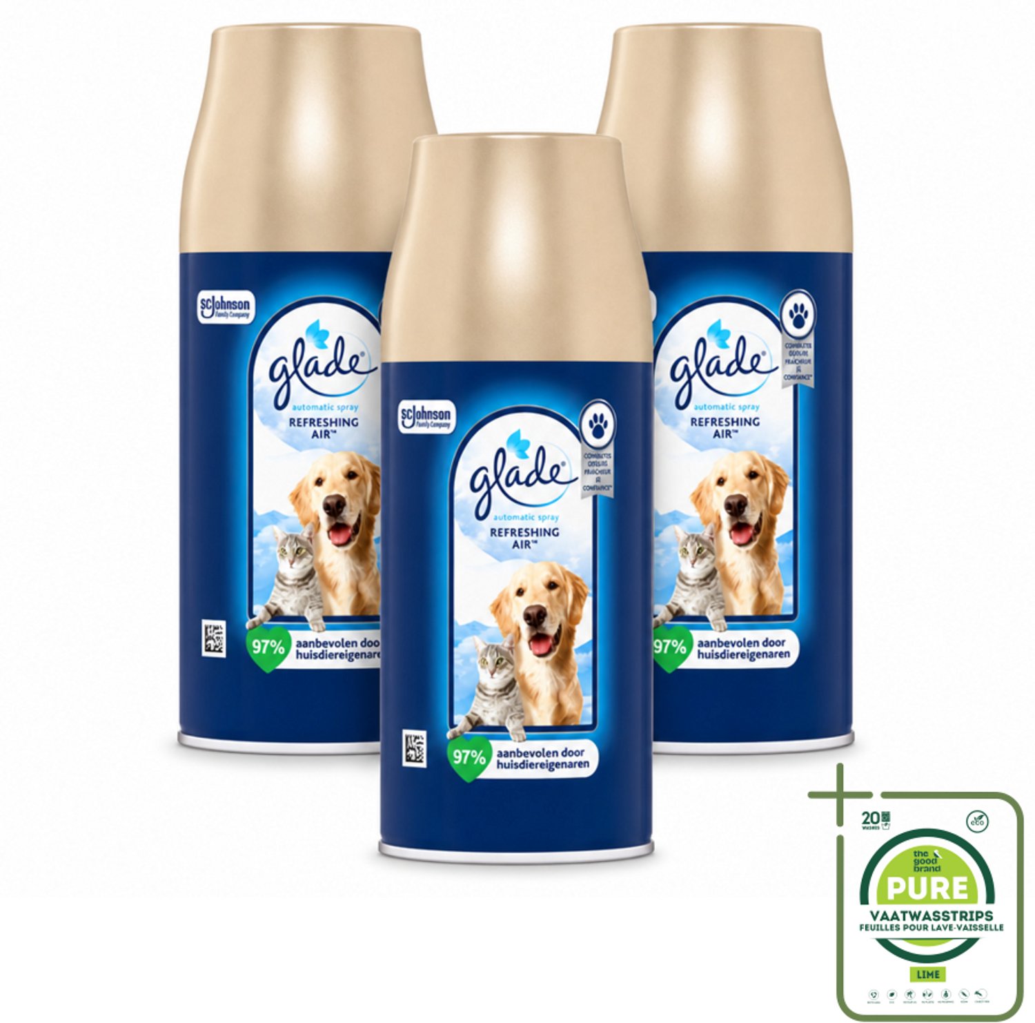 3 x Glade – Automatic Spray Navulling – Refreshing Air Huisdieren – 269 ml - Grootverpakking - Vaatwasstrips - Huisdieren Geur - Dierengeur Neutraliseren - Luchtverfrisser - Frisse Geur - Automatische Spray