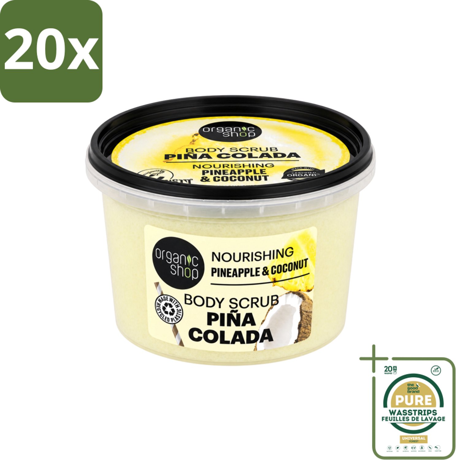 20 x Organic Shop - Body Scrub Pineapple & Coconut - Verfrissend en Voedend - 250 ml - Wasstrips - Bodyscrub - Exfoliatie - Huidverzorging - Suikerscrub - Tropische Geur