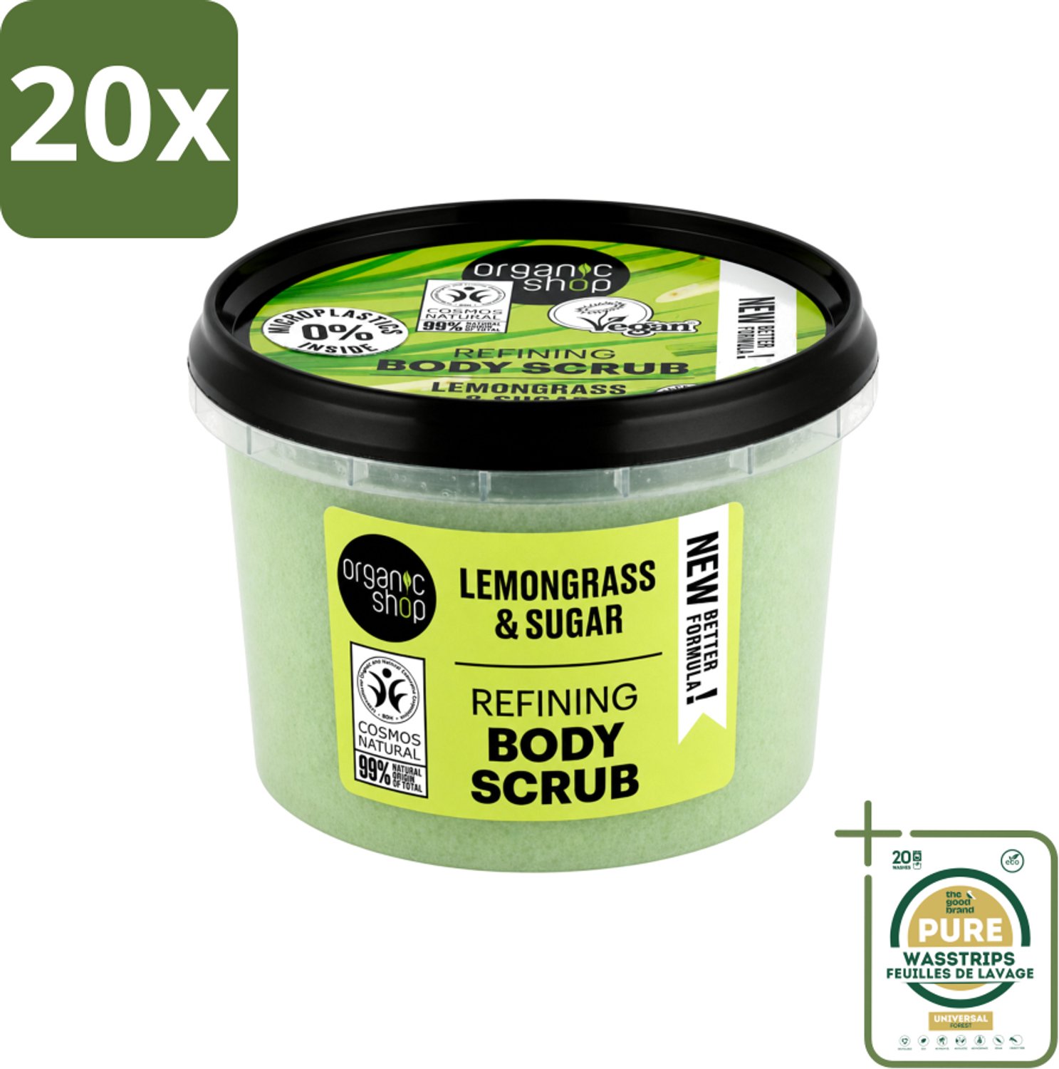20 x Organic Shop - Body Scrub Lemongrass - Verfrissend en Verzorgend - 250 ml - Wasstrips - Bodyscrub - Huidpeeling - Citroengrasolie - Natuurlijke Huidverzorging - Exfoliatie